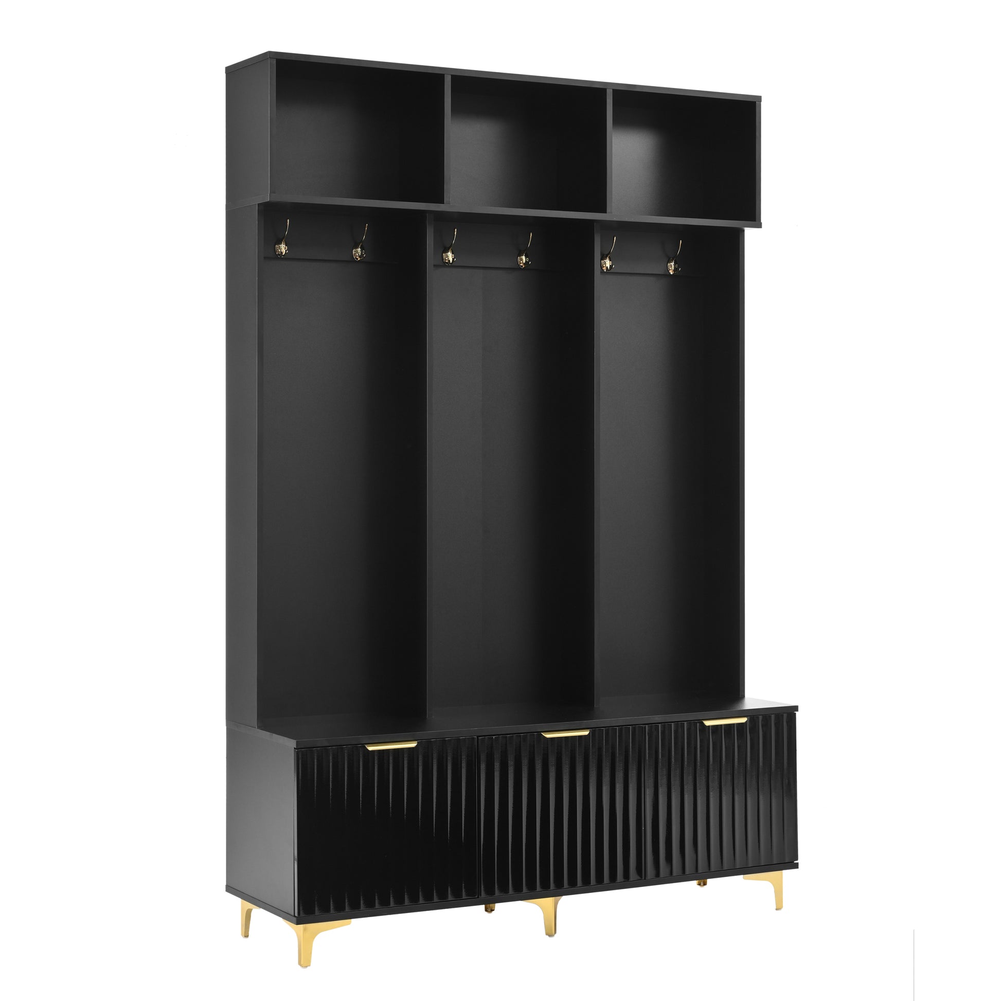 Modern Large Storage Hall Tree With Bench, Multi Functional Storage Bench With High Gloss Fluted Doors, Luxurious Coat Rack With 6 Gold Hooks And Legs For Entryway, Living Room, Black Black Gold Particle Board