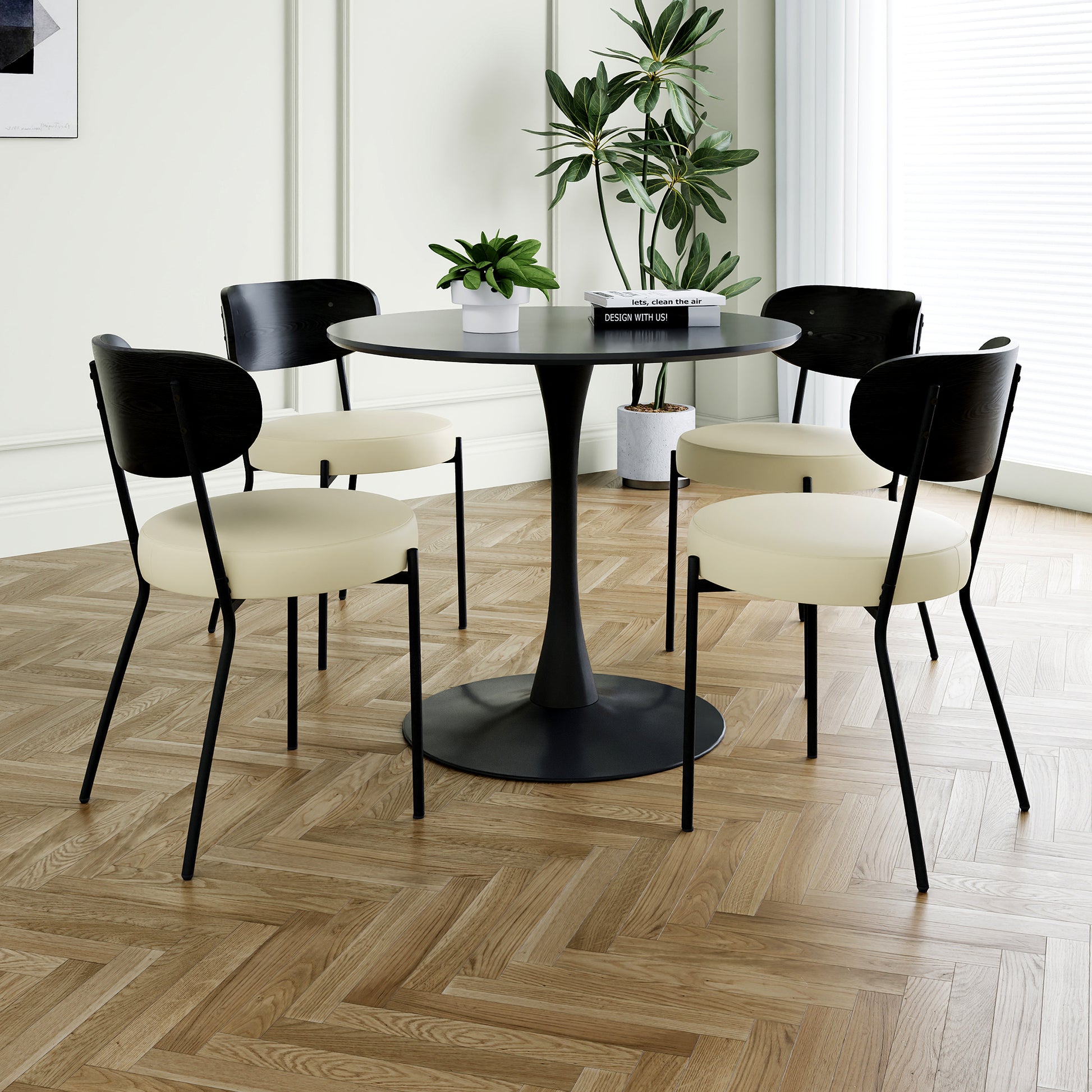 Modern Grey Simple Pu Dining Chair Upholstered Chair Family Bedroom Stool Back Dressing, Black Round Table Set, Bentwood Covered With Ash Veneer Chair Back, Chair Black Metal Legs Set Of 5 Black Mdf