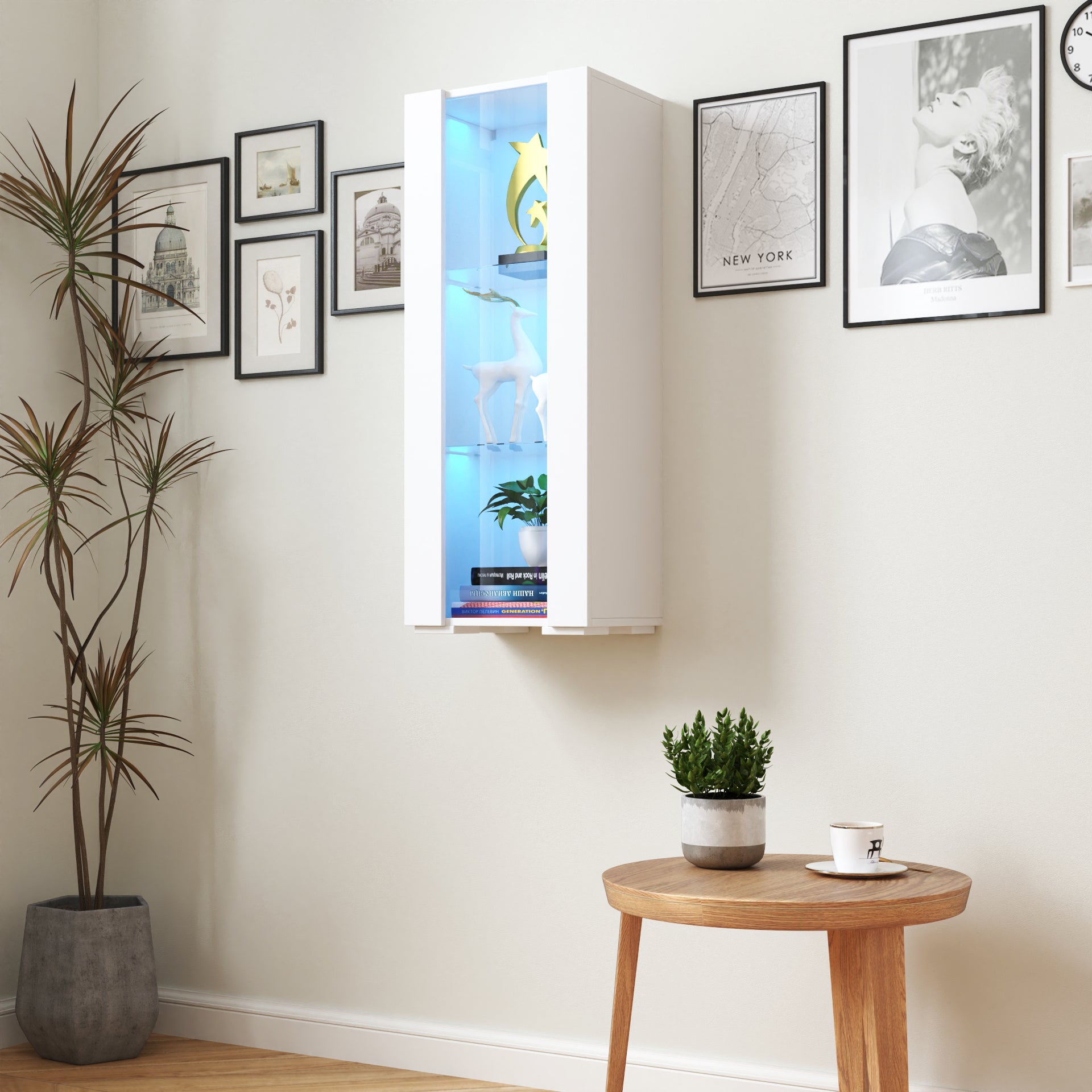 Storage Cabinets With Aluminum Strip Lamp,With Glass Shelves, For Living Room Bedroom Office White Particle Board Mdf