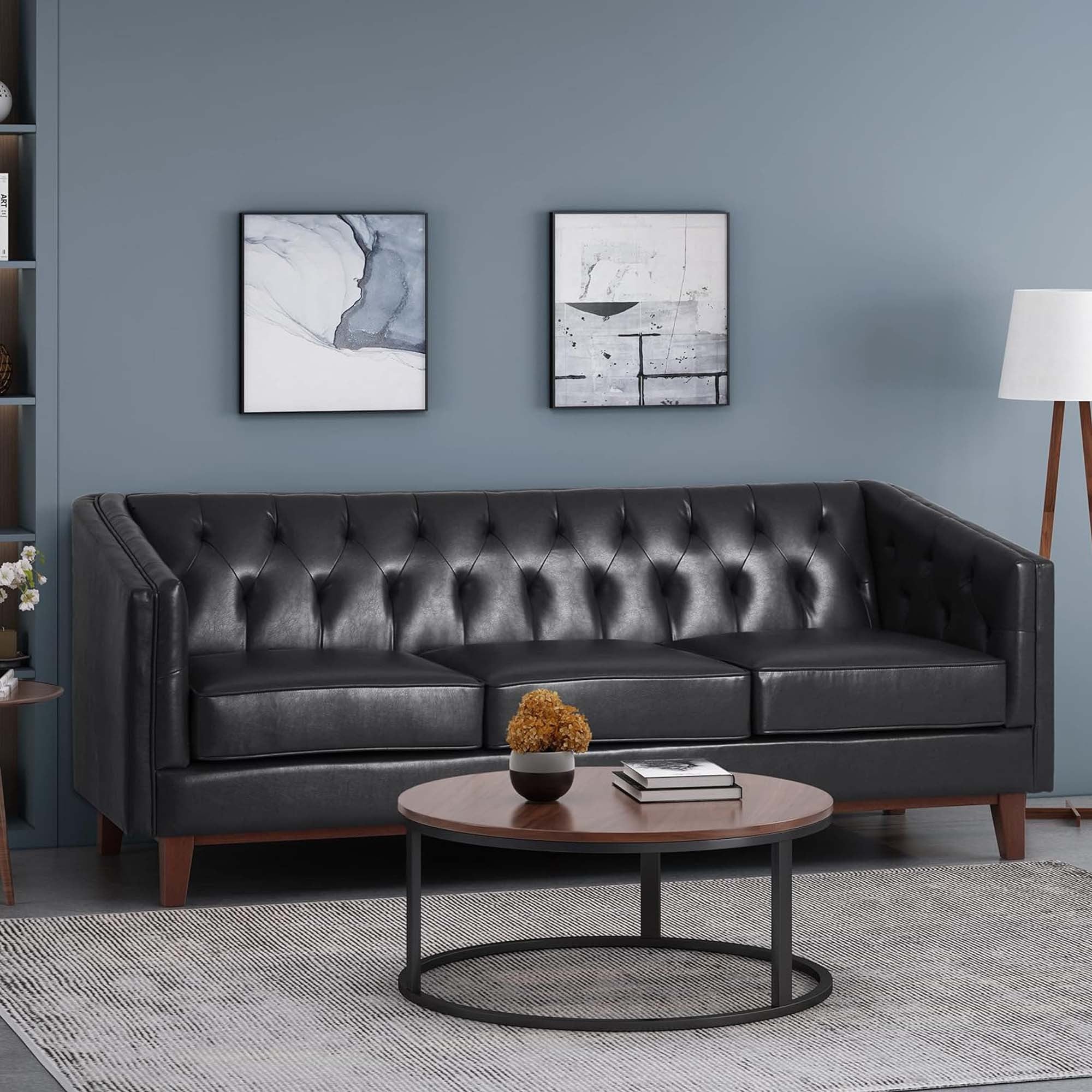 Mirod 81'' Pu Sofa,Tufted Back,Solid Wood Legs,Living Room And Study Black Pu 3 Seat