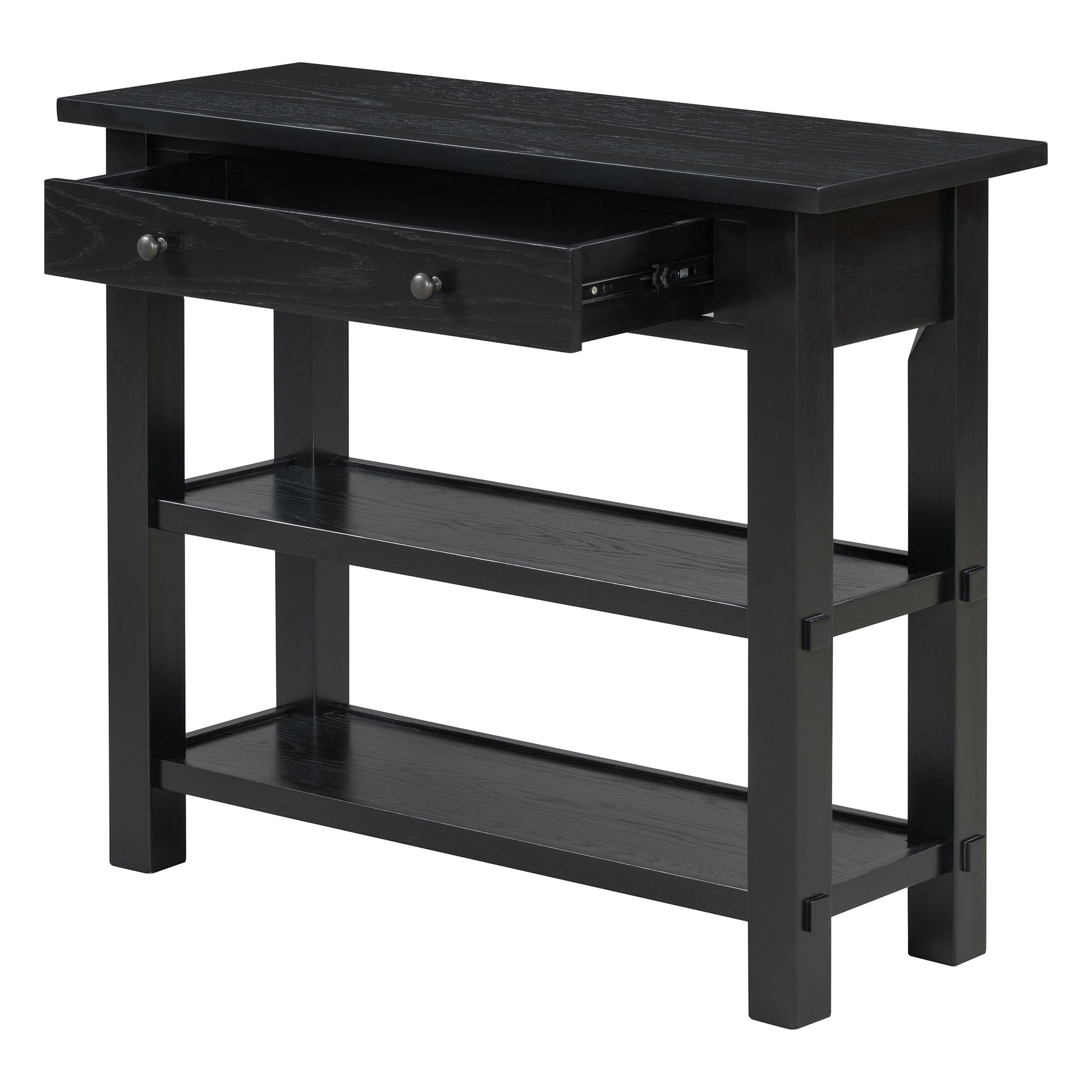 Retro Console Table With Drawer And Two Sturdy Shelves For Entryway, Living Room Black Black Mdf,Rubber Wood