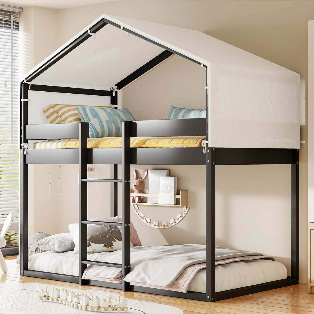 Twin Over Twin Wood Bunk Bed With Tent, Espresso Old Sku:Lt000708Aap Espresso Solid Wood