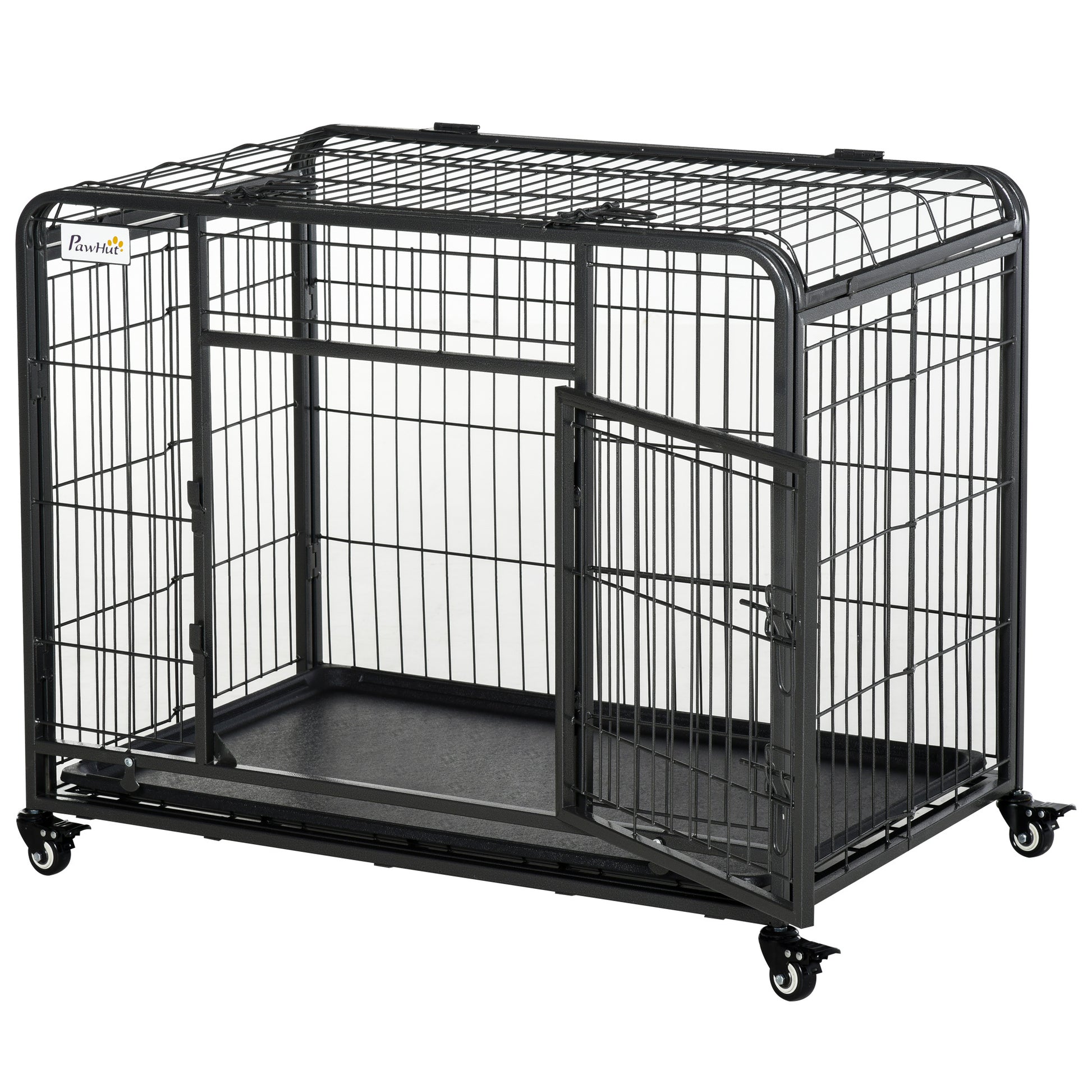 Pawhut Folding Design Heavy Duty Metal Dog Cage Crate & Kennel With Removable Tray And Cover, & 4 Locking Wheels, Indoor Outdoor 37" Dark Grey Metal