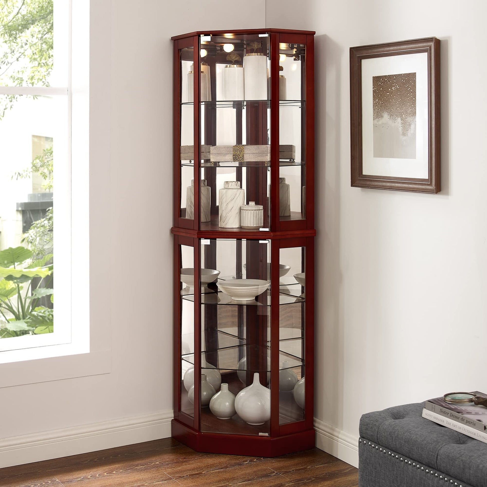 6 Shelf Corner Curio Display Cabinet With Lights, Mirrors And Adjustable Shelves, Cherry E26 Light Bulb Not Included Cherry Mdf