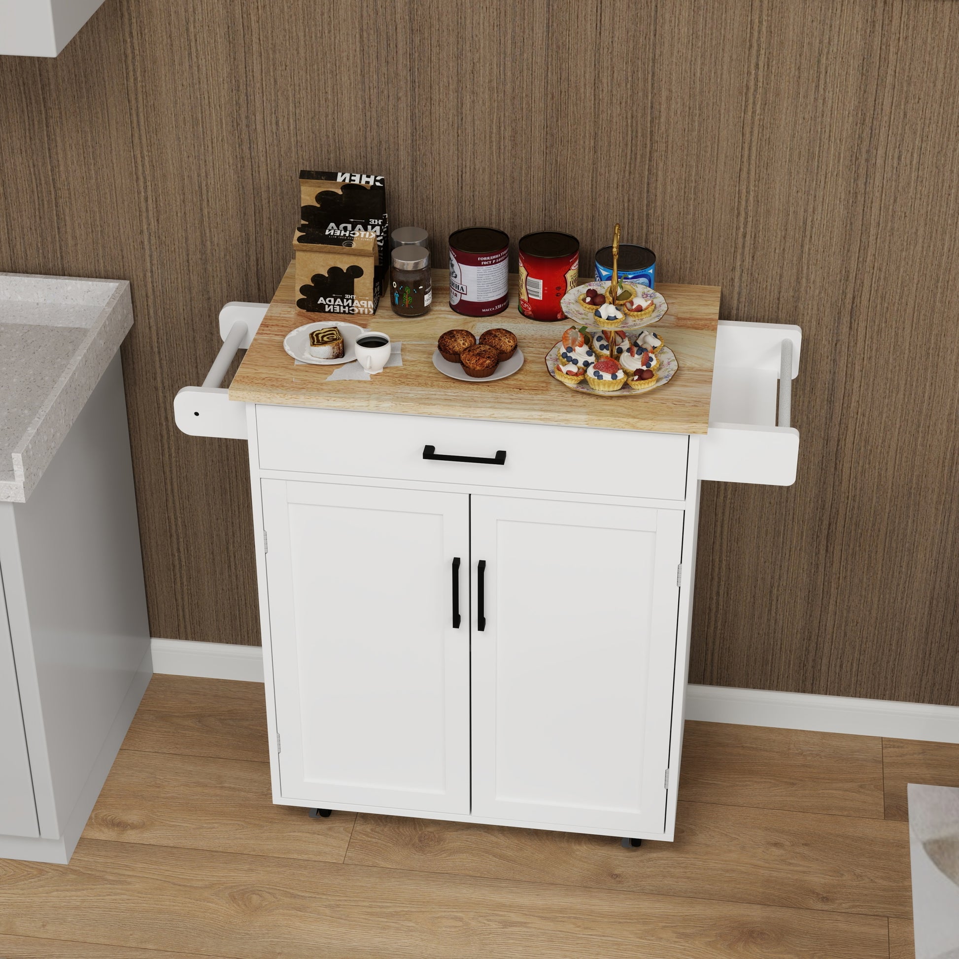 Kitchen Island Rolling Trolley Cart With 1 Drawer & 2 Doors With Storage Racks & Adjustable Shelves & Towel Rack & Seasoning Rack Rubber Wood Table Top White White Solid Wood Mdf