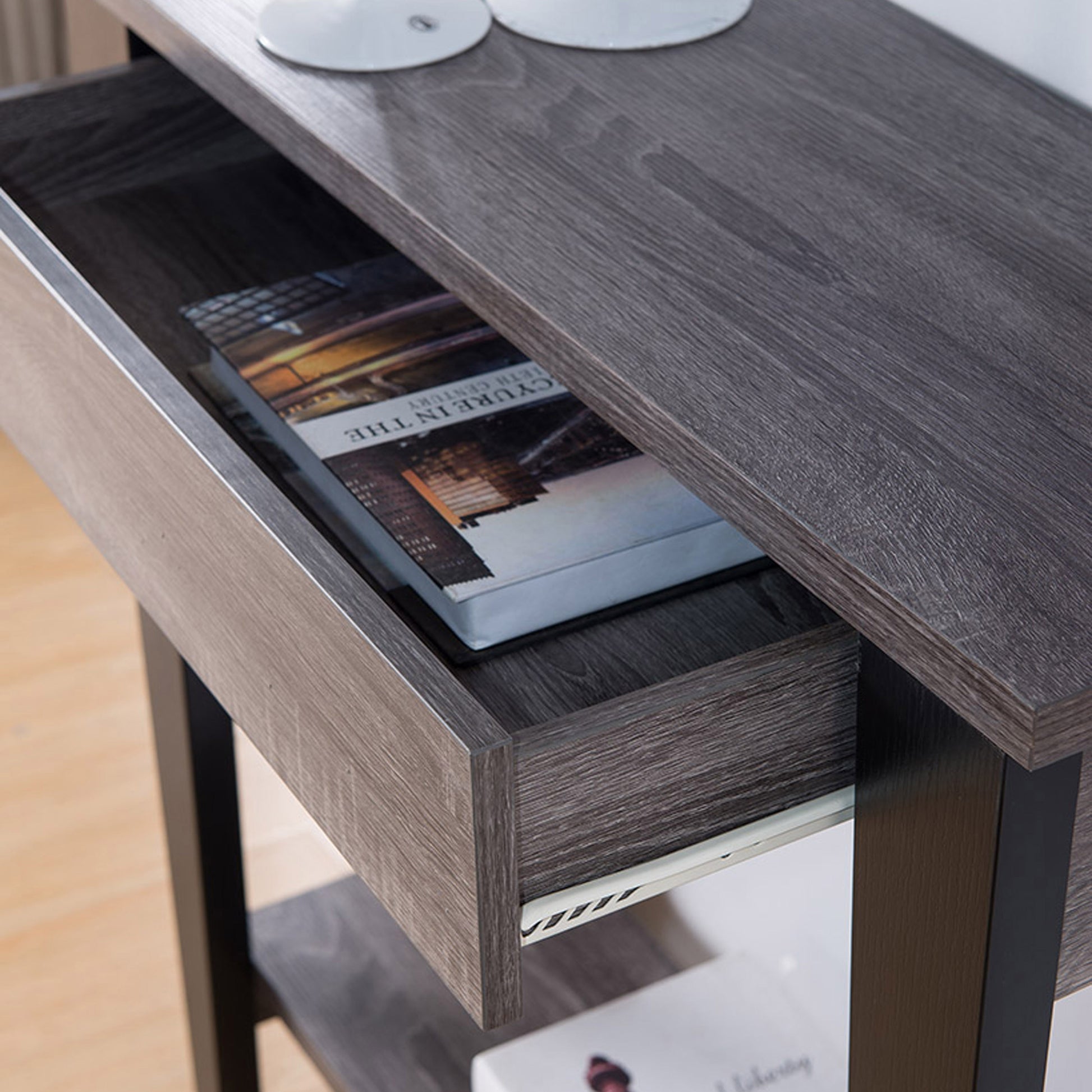 Stylist And Functional Console Table With Drawer And Shelf In Distressed Grey & Black Grey Black Mdf