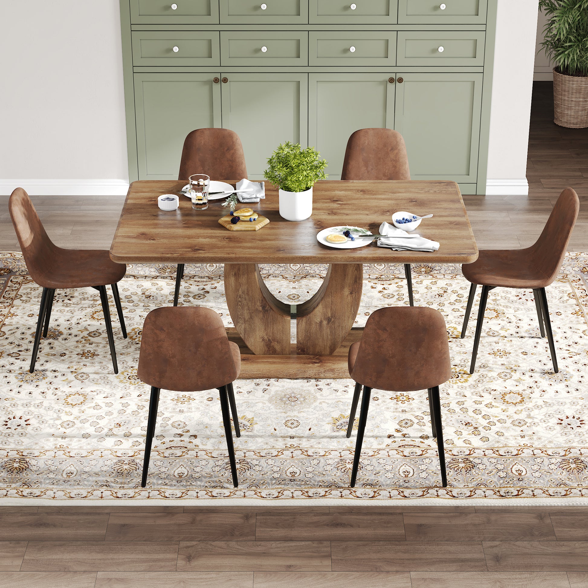 Table And Chair Set.Mdf Rectangular Dining Table, 6 Modern Medieval Style Restaurant Cushioned Side Chairs With With Soft Cushions And Black Metal Legs.Suitable For Restaurants, Living Rooms, Kitchen. Brown Seats 6 Mdf Metal
