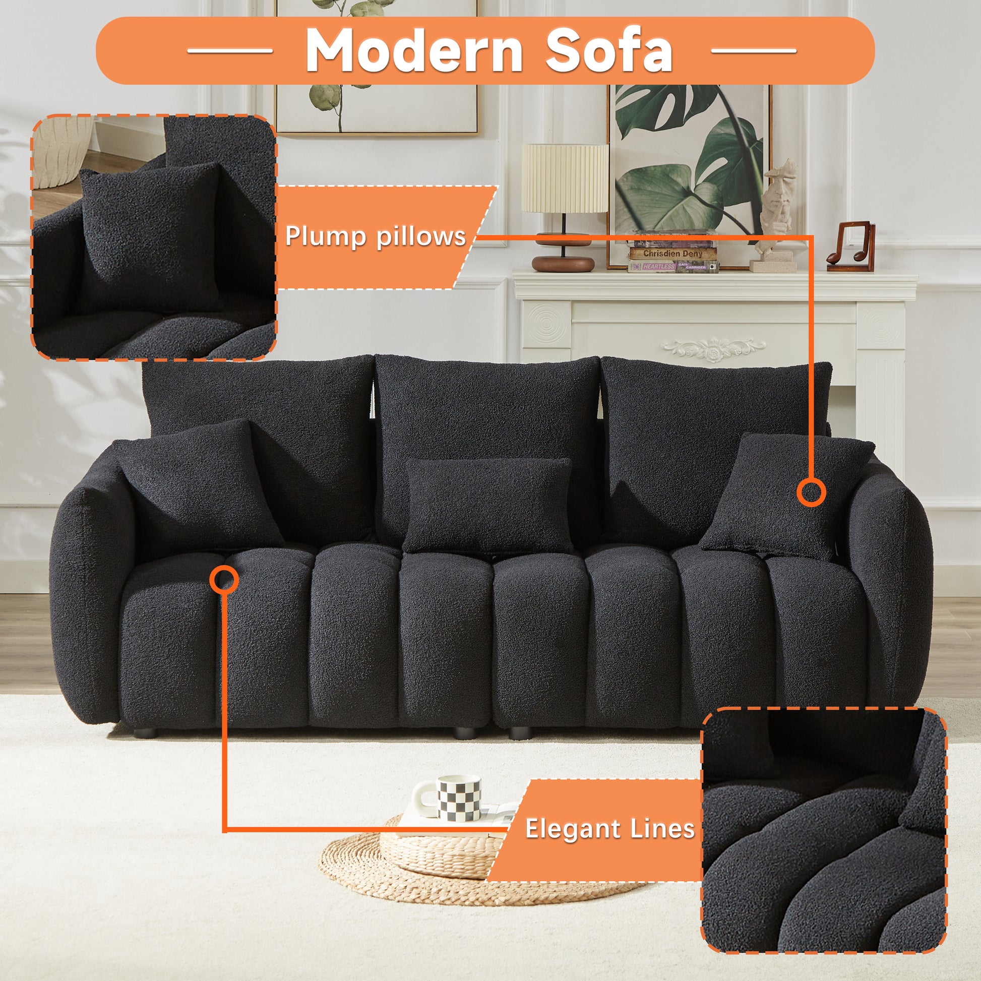 3 Seater 3 Seater Combo Sofa Modern Living Room Sofa, Teddy Sofa, Wooden Frame, 6 Cushions, Apartment Sofa Furniture Black Wood Primary Living Space Pine Foam Fabric 6 Seat