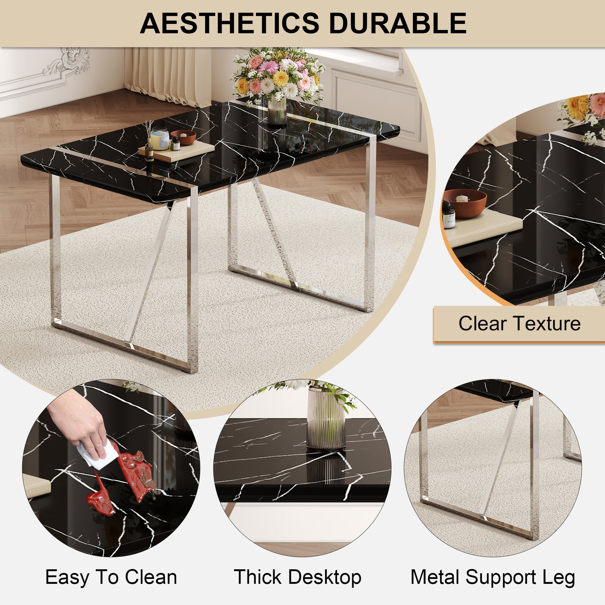 Table And Chair Set.A Rustic Industrial Rectangular Mdf Black Dining Table With Mdf Desktop And Electroplated Silver Metal Legs.Paried With 6 Chairs With Pu Cushion And Metal Legs. White Black Seats 6 Mdf Metal