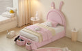 Twin Size Upholstered Rabbit Shape Bed With 2 Storage Stools, Velvet Platform Bed With Cartoon Ears Shaped Headboard, Pink Twin Pink Wood