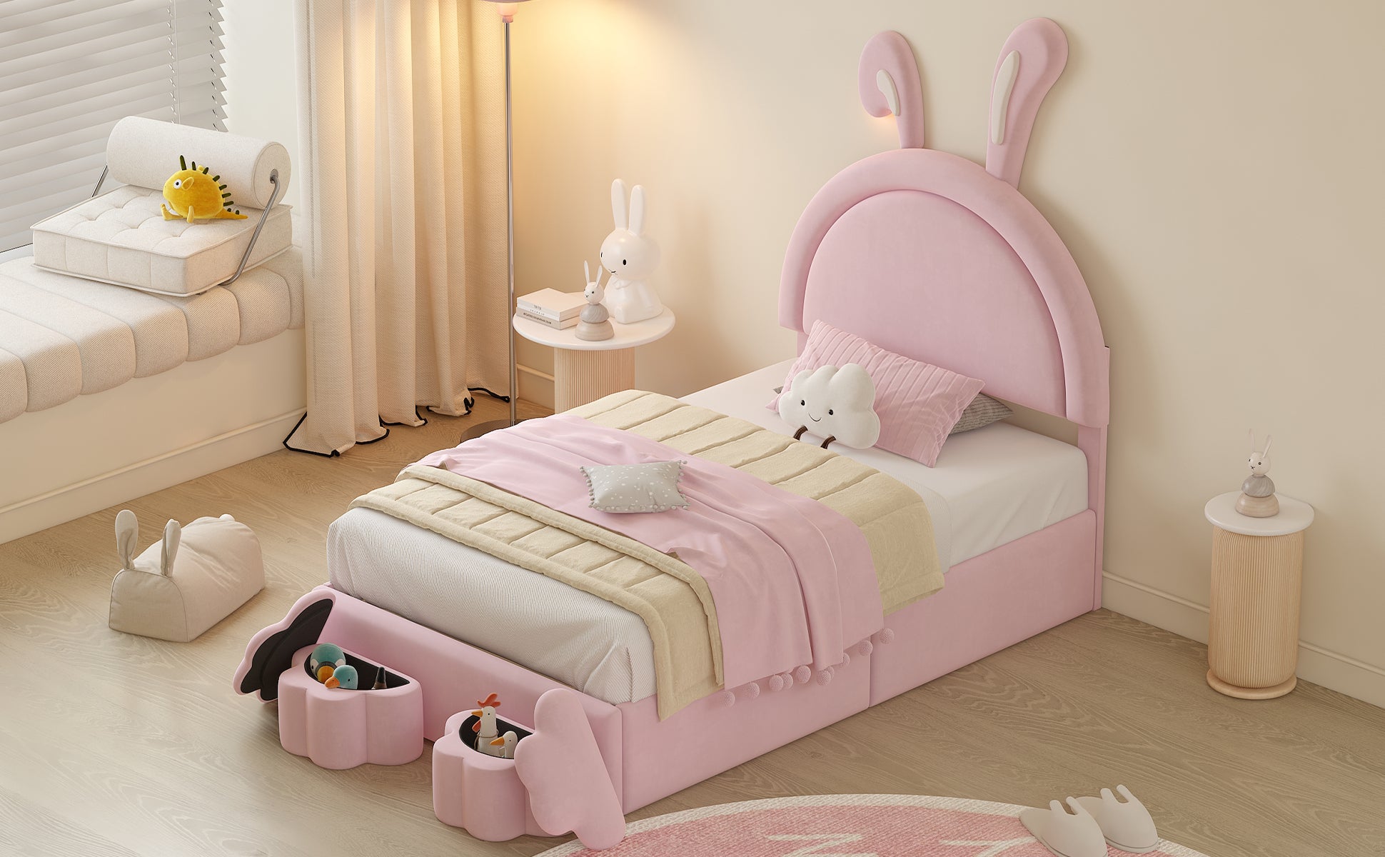 Twin Size Upholstered Rabbit Shape Bed With 2 Storage Stools, Velvet Platform Bed With Cartoon Ears Shaped Headboard, Pink Twin Pink Wood