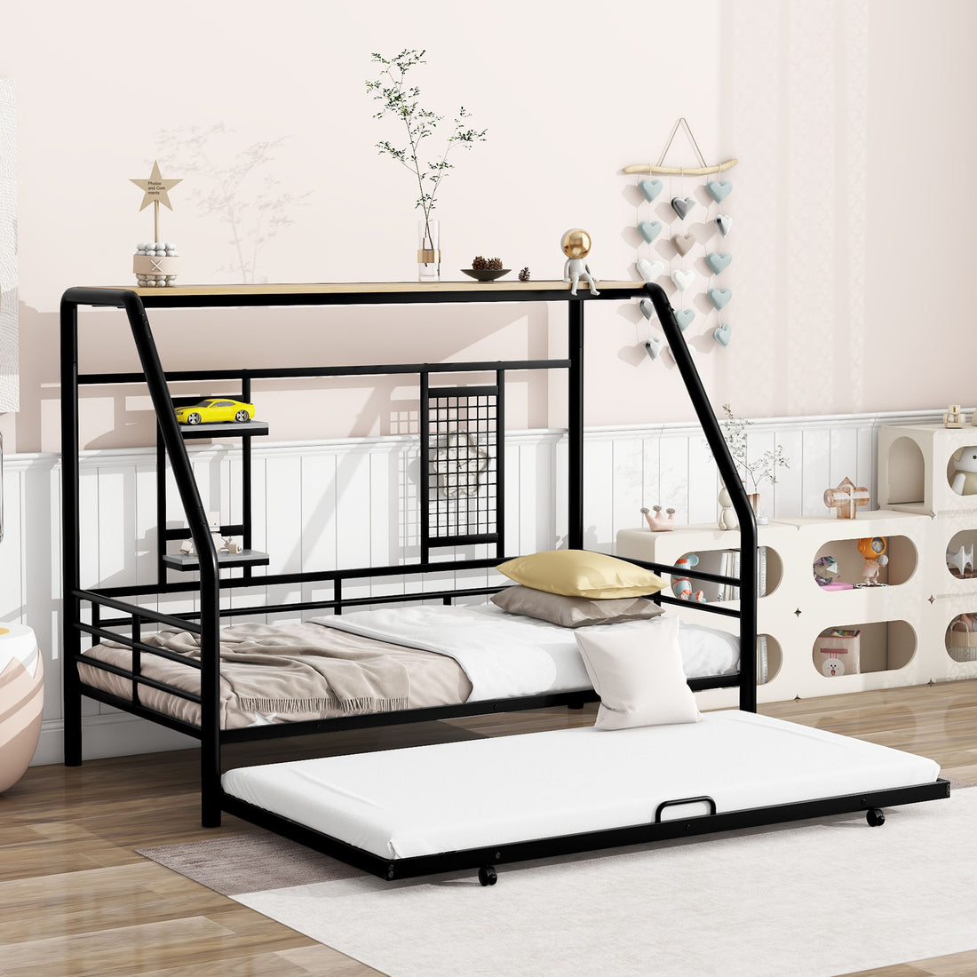 Twin Size Metal House Bed With Trundle, Black Twin Black Metal