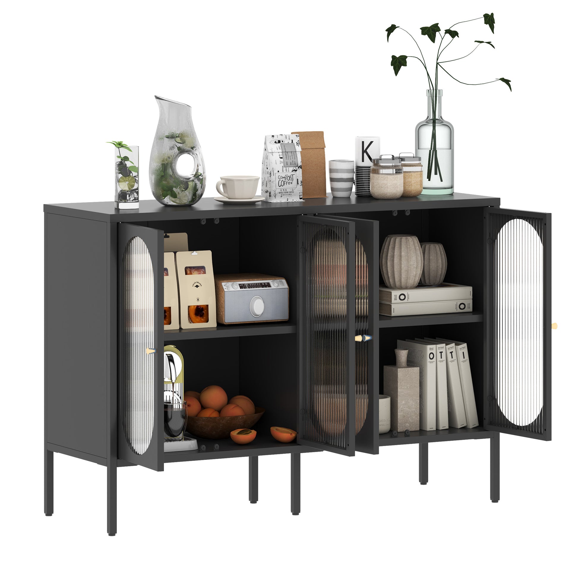 Metal Sideboard Cabinet With 4 Glass Door, Steel Locker Sideboard Buffet Cabinet, Sideboard Buffet Cabinet With 4 Doors, Kitchen Storage Cabinet, Coffee Bar Cabinet For Kitchen, Living Room, Black