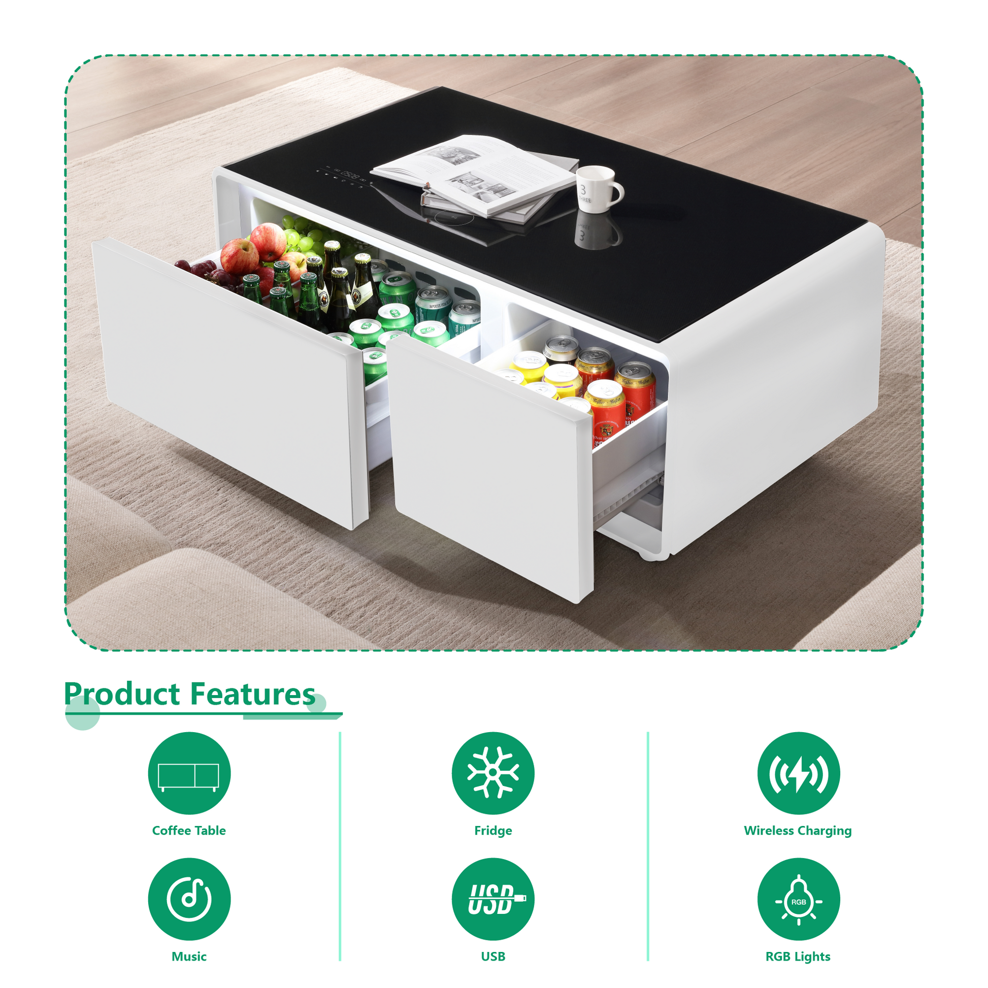 Modern Smart Coffee Table With Built In Fridge, Bluetooth Speaker, Wireless Charging, Touch Control Panel, Usb Ports, Outlet Protection, Atmosphere Light, Black Black White Built In Outlets Or Usb Primary Living Space Freestanding Rectangular Drawers
