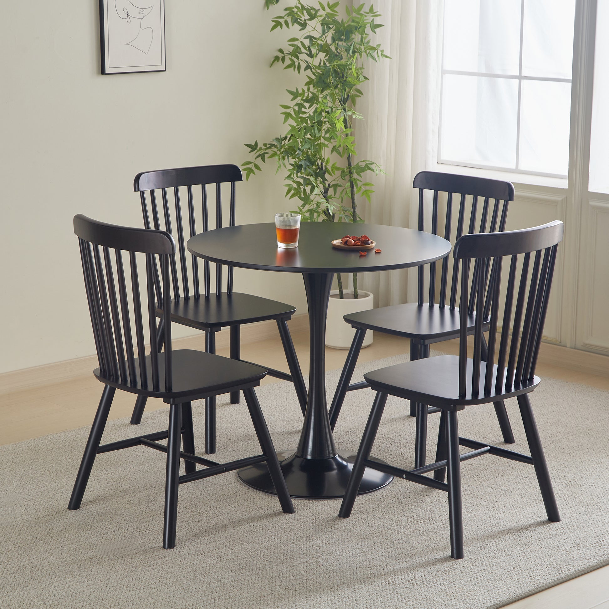 Round Dining Table Small Black Kitchen Table 31.5" In Tulip Design Modern Pedestal Table For Small Space Dining Room 2 To 4 Person Black Fiberboard