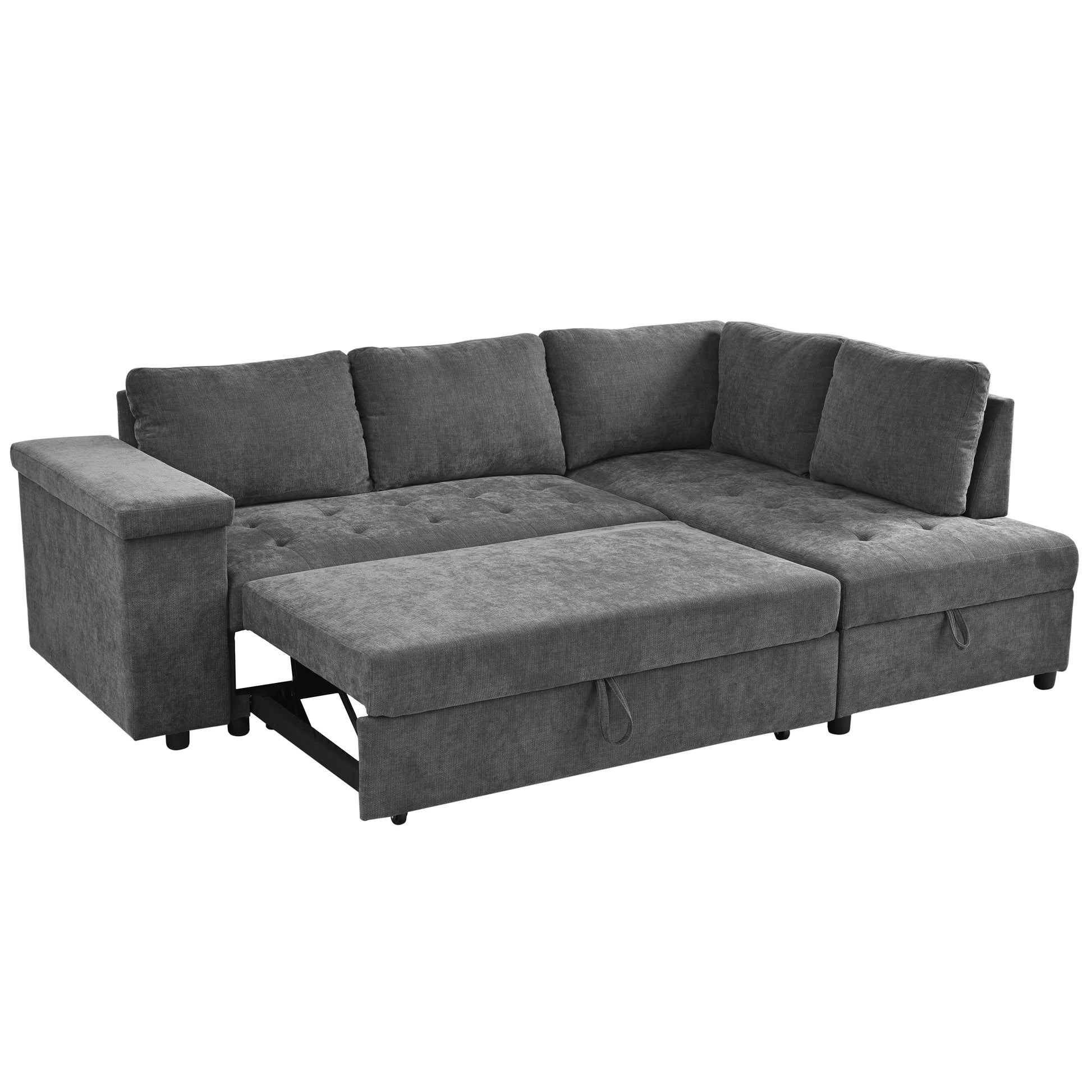 Mirod 91.5 Inch L Shaped Couch With Pull Out Bed And Storage Sectional Sleeper Sofa With Hidden Storagewide Armrest With Storage,For Living Room, Apartment, Bedroom, Office Grey Polyester 3 Seat