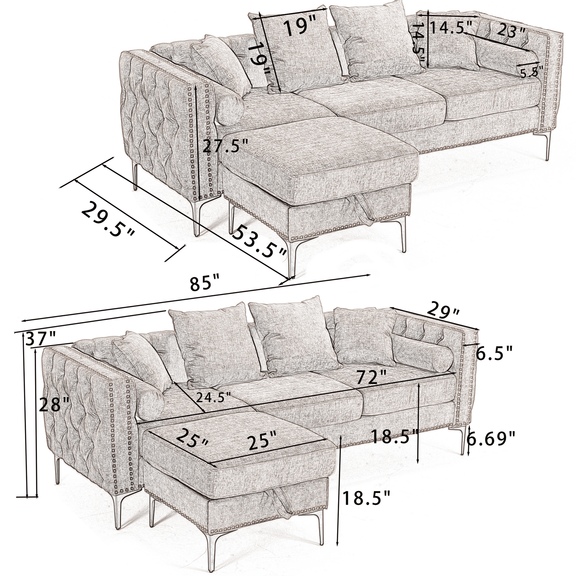 Arrived L Shaped Sectional Sofaconvertible Storage Ottoman,Chenille ,Square Arm, Modern Tufted Couch ,3 Seater, And Nailhead, Dark Gray Dark Gray Polyester Wood Primary Living Space Medium Soft Tufted Back Modern Square Arms Metal & Wood 4 Seat