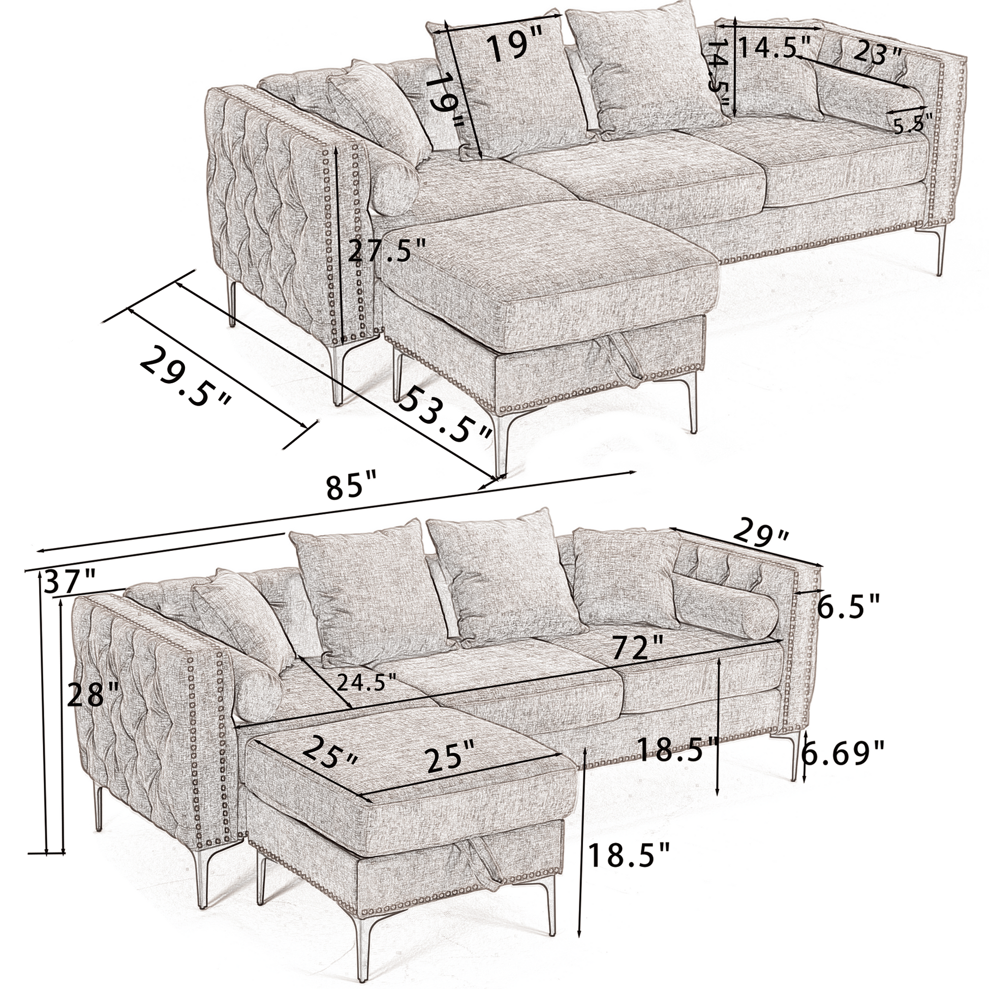 Arrived L Shaped Sectional Sofaconvertible Storage Ottoman,Chenille ,Square Arm, Modern Tufted Couch ,3 Seater, And Nailhead,Blue Blue Polyester Wood Primary Living Space Medium Soft Tufted Back Modern Square Arms Metal & Wood 4 Seat