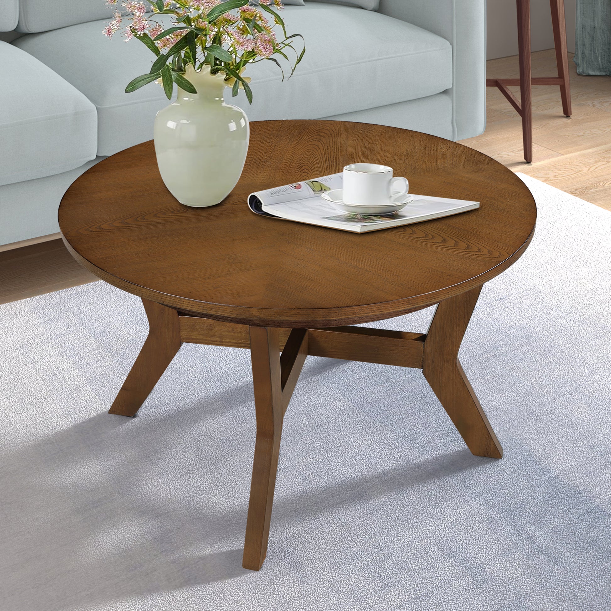32Inch Wood Round Coffee Table For Living Room,Mid Century Farmhouse Circle Wooden Coffee Tables For Apartment, Easy Assembly, Walnut Walnut Rubber Wood