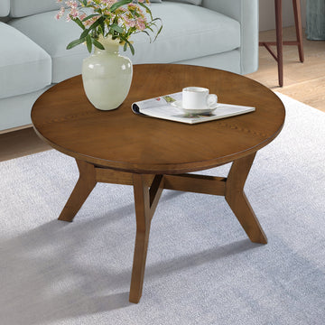32Inch Wood Round Coffee Table For Living Room,Mid Century Farmhouse Circle Wooden Coffee Tables For Apartment, Easy Assembly, Walnut Walnut Rubber Wood