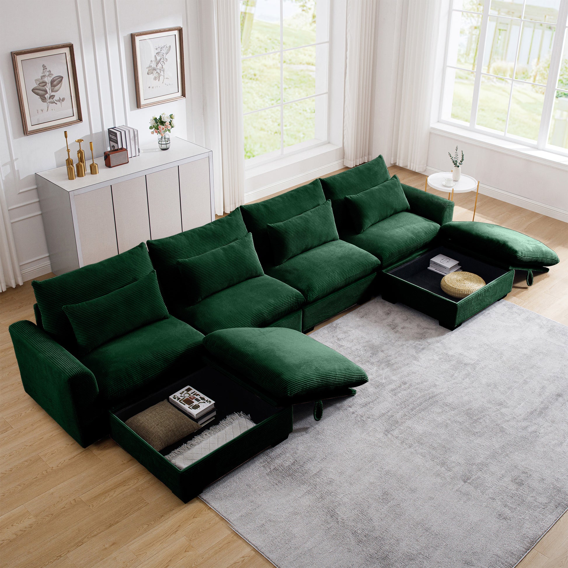 Big Deep Seat U Shaped Corduroy Sectional Couches For Living Room, 4 Seater Sofa Couch With 2 Storage Footstool And 4 Waist Pillows Corduroy, Green Green Corduroy 4 Seat