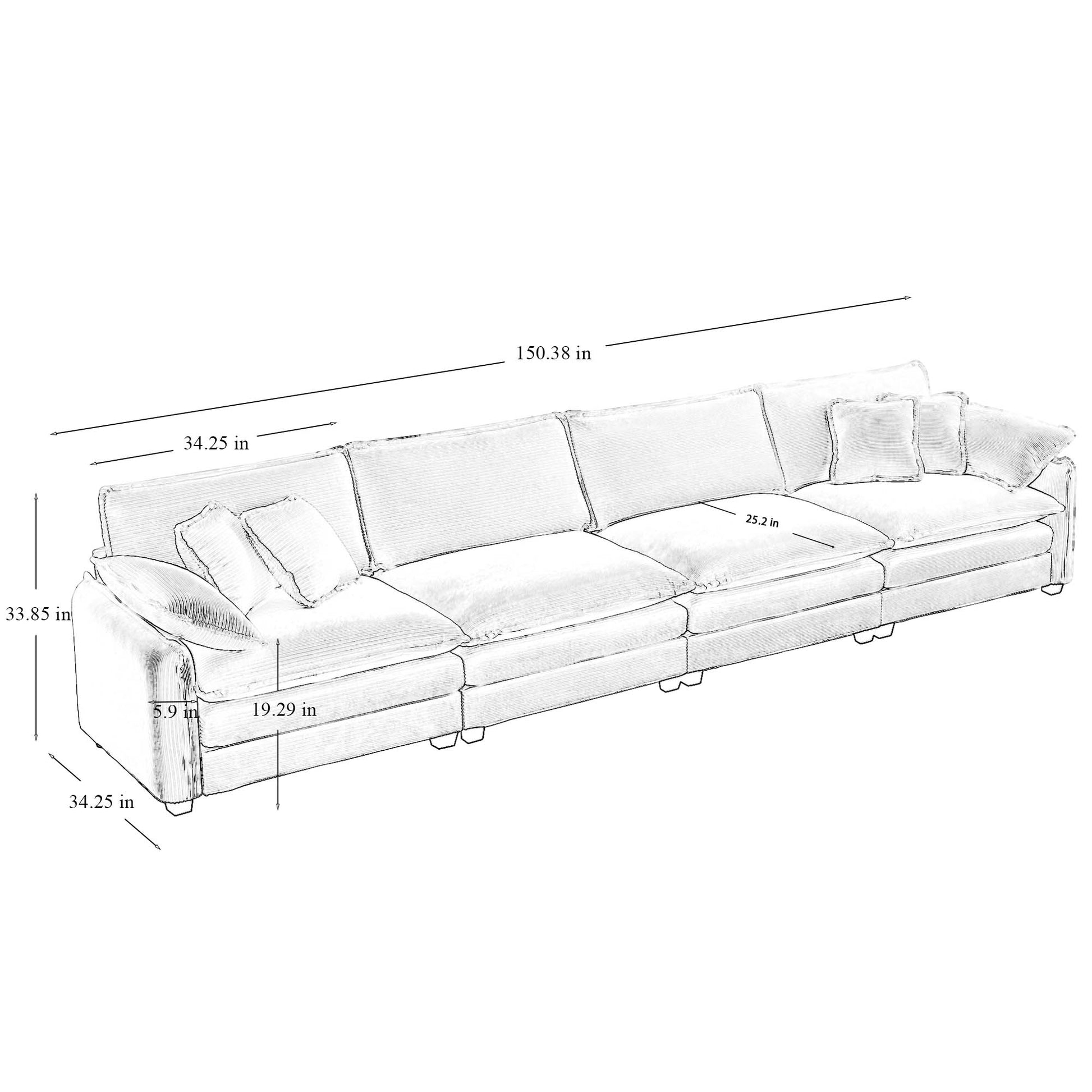 Corduroy Sofa,Modern Upholstered 4 Seater Corduroy Fabric Sofa,Office Living Room Apartment Comfortable Sofa, Easy To Assemble With 2 Arm Pillows And 4 Throw Pillows Tan Corduroy 4 Seat