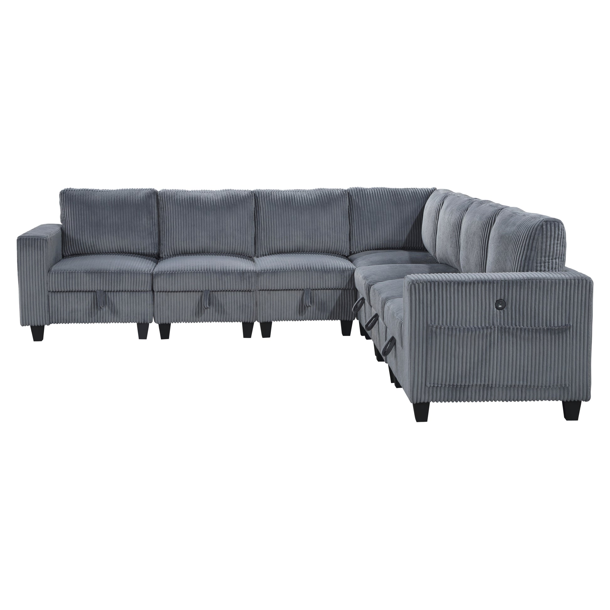 7 Piece Modular Sectional With Storage Seats, Side Pockets, Charging Ports Dark Gray Corduroy Fabric Modern Living Room Sectional Couch Solid Wood Furniture Dark Gray Polyester Wood Primary Living Space Modern Solid Wood 7 Seat