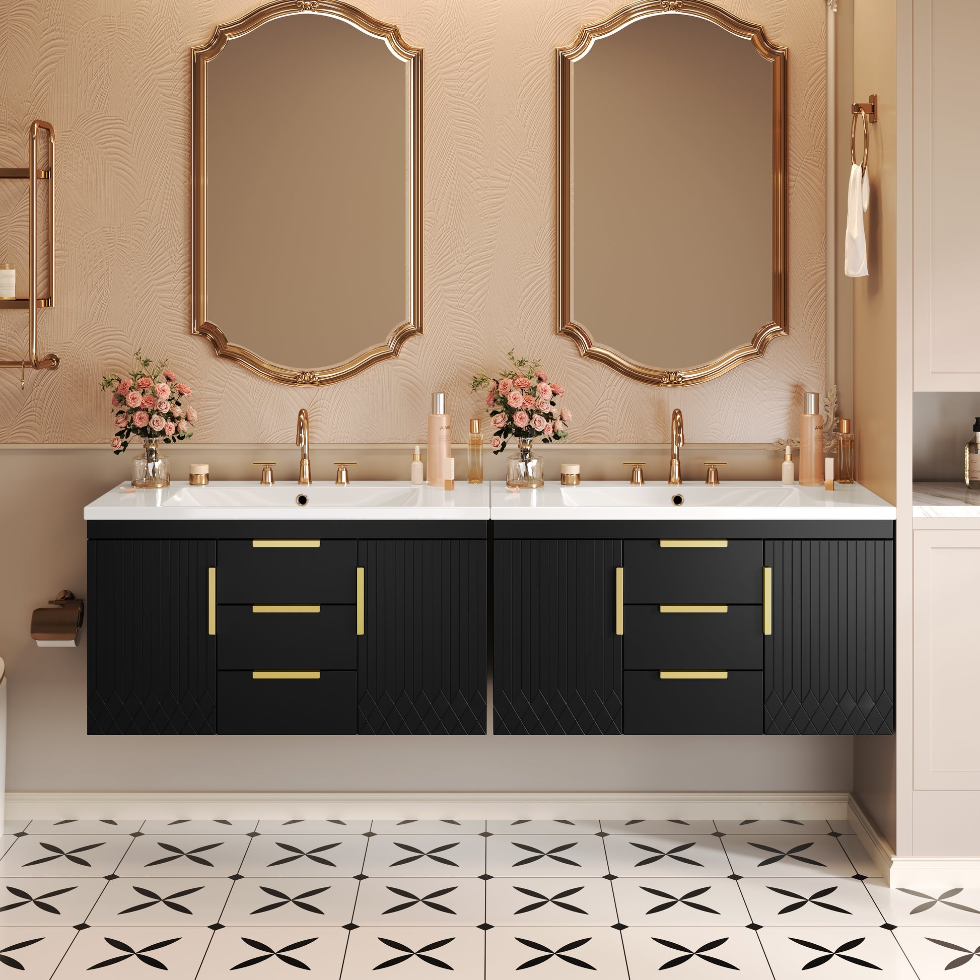 36'' Wall Mounted Bathroom Vanity With Resin Sink, Floating Bathroom Storage Cabinet With 2 Drawers, Solid Wood Bathroom Cabinet Black Bathroom Modern Mdf