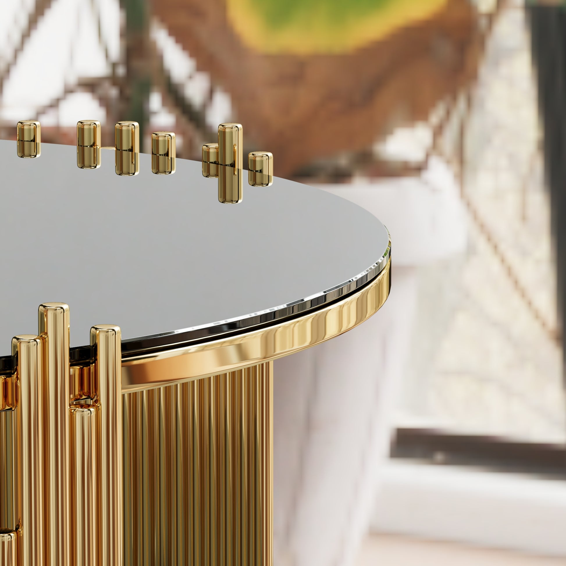 Modern Minimalist Light Luxury Style Stainless Steel Circular Coffee Table, Black Tempered Glass Countertop, Living Room Coffee Table Black Glass,Stainless Steel