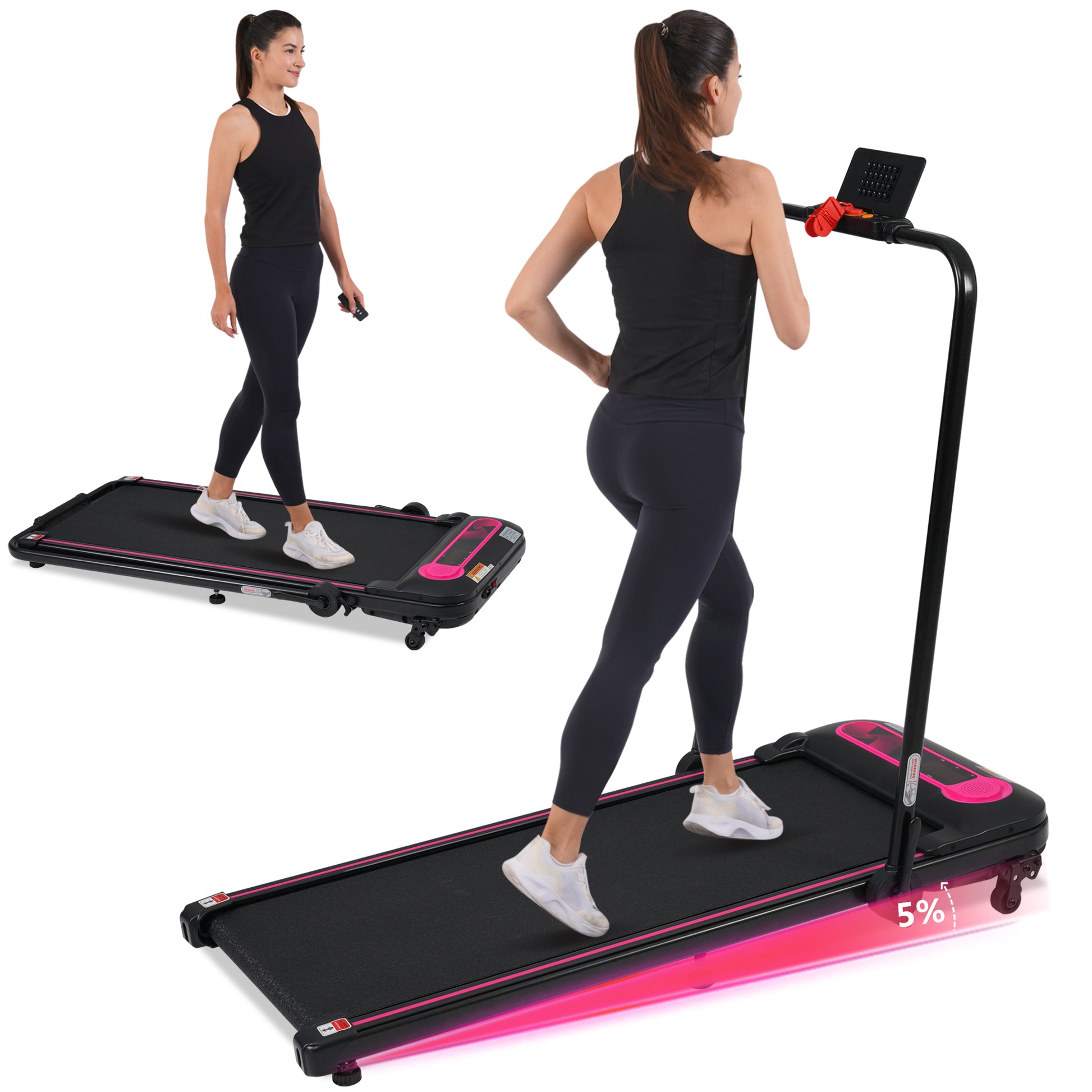 Folding Walking Pad Under Desk Treadmill For Home Office 2.5Hp Walking Treadmill With Incline 0.5 7.5Mph 300Lbs Capacity Treadmill For Walking Running Two Ways To Adjust Speed Indoor Fitness Pink