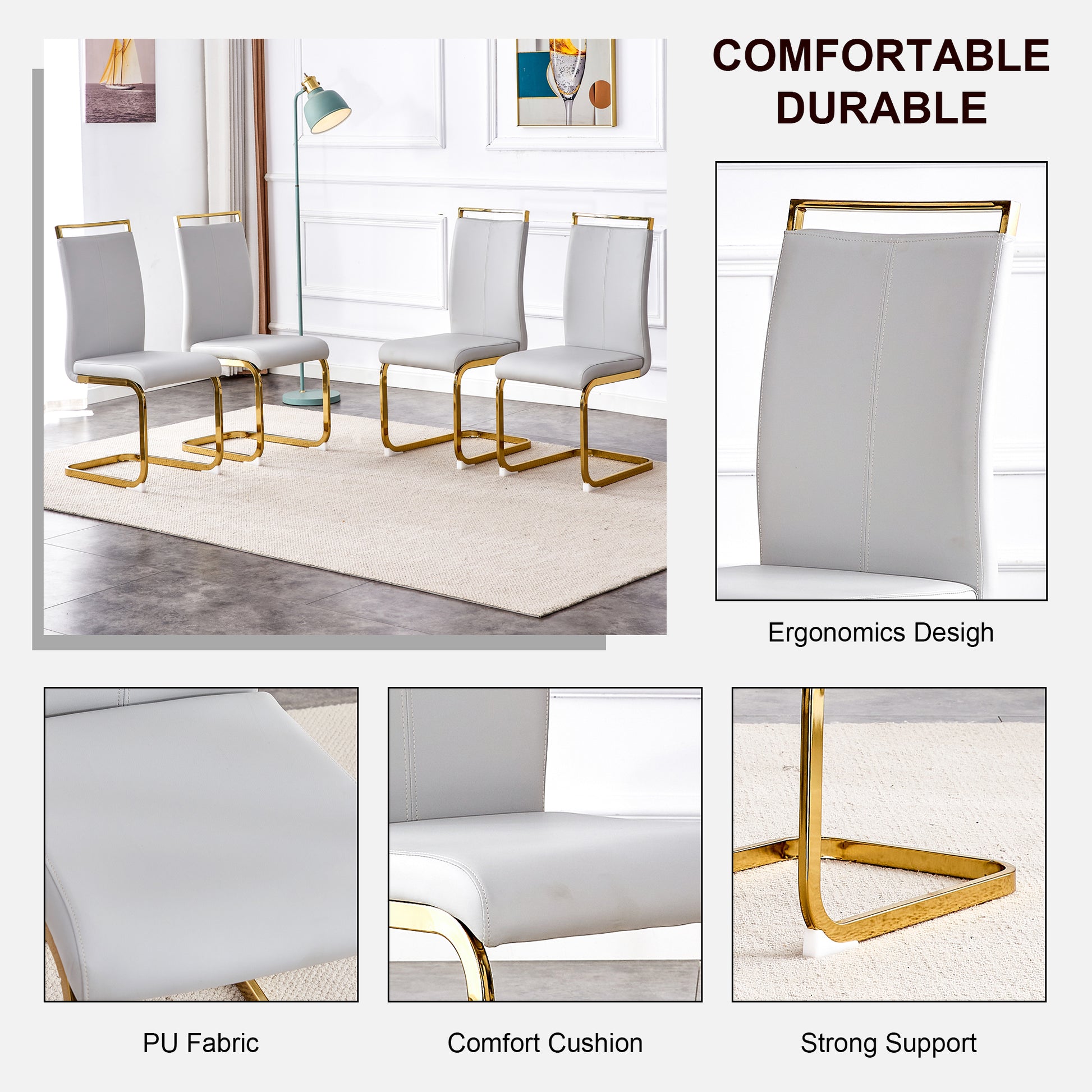 Table And Chair Set.Large Modern Rectangular Table With 0.4 Inch Patterned Glass Tabletop And Large Mdf Table Legs.Comes With 8 Chairs With Faux Leather Cushioned Seats And Golden Metal Legs. Gold White Seats 8 Mdf Glass