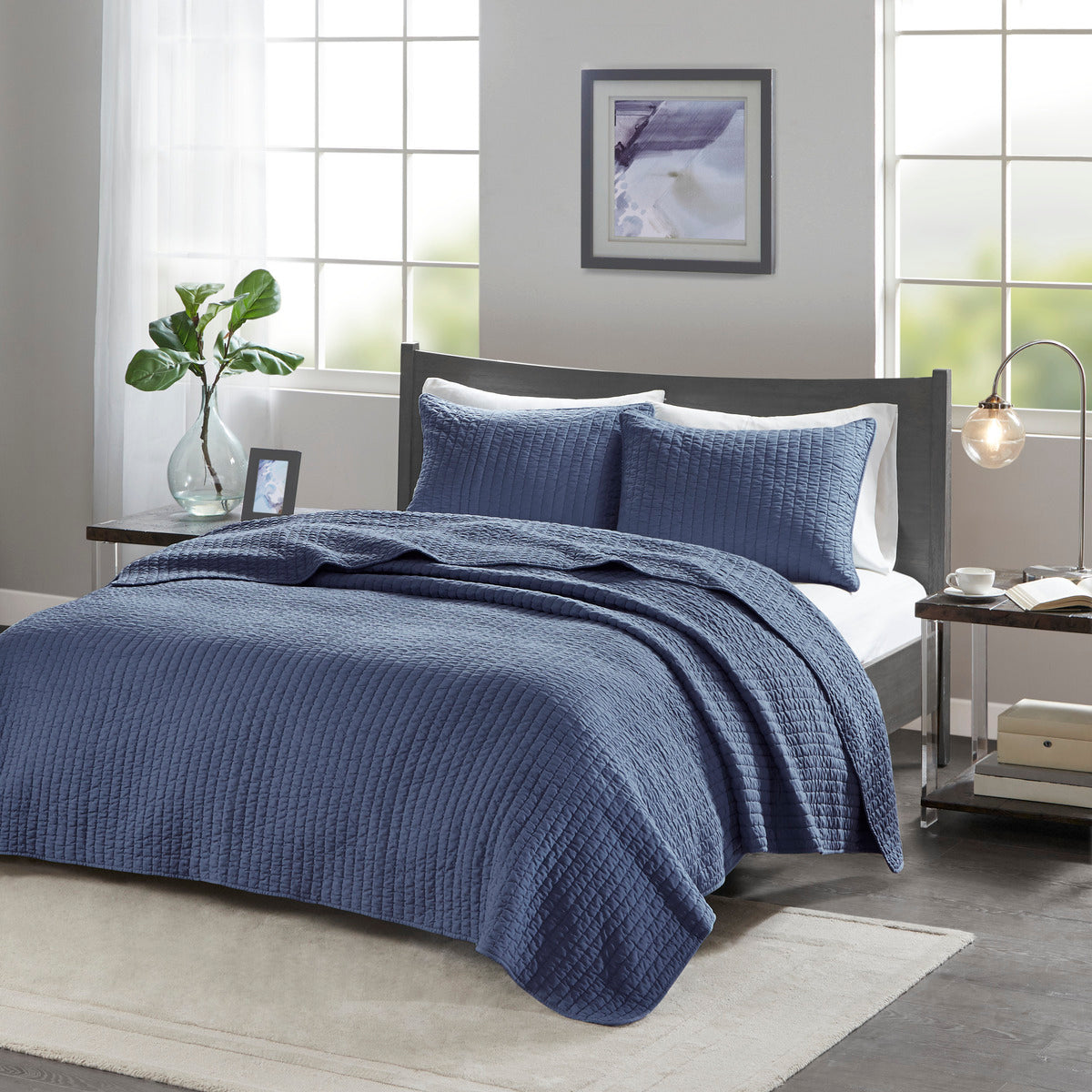 3 Piece Quilt Set Navy Full Queen Full Navy Polyester