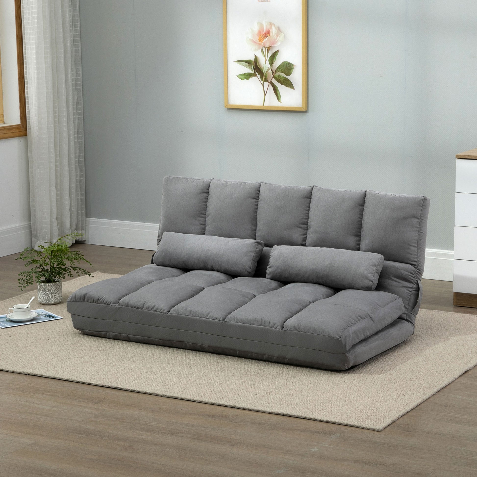 Homcom Convertible Floor Sofa Chair, Folding Couch Bed, Guest Chaise Lounge With 2 Pillows, Adjustable Backrest And Headrest, 51.25" L, Light Gray Light Gray Polyester