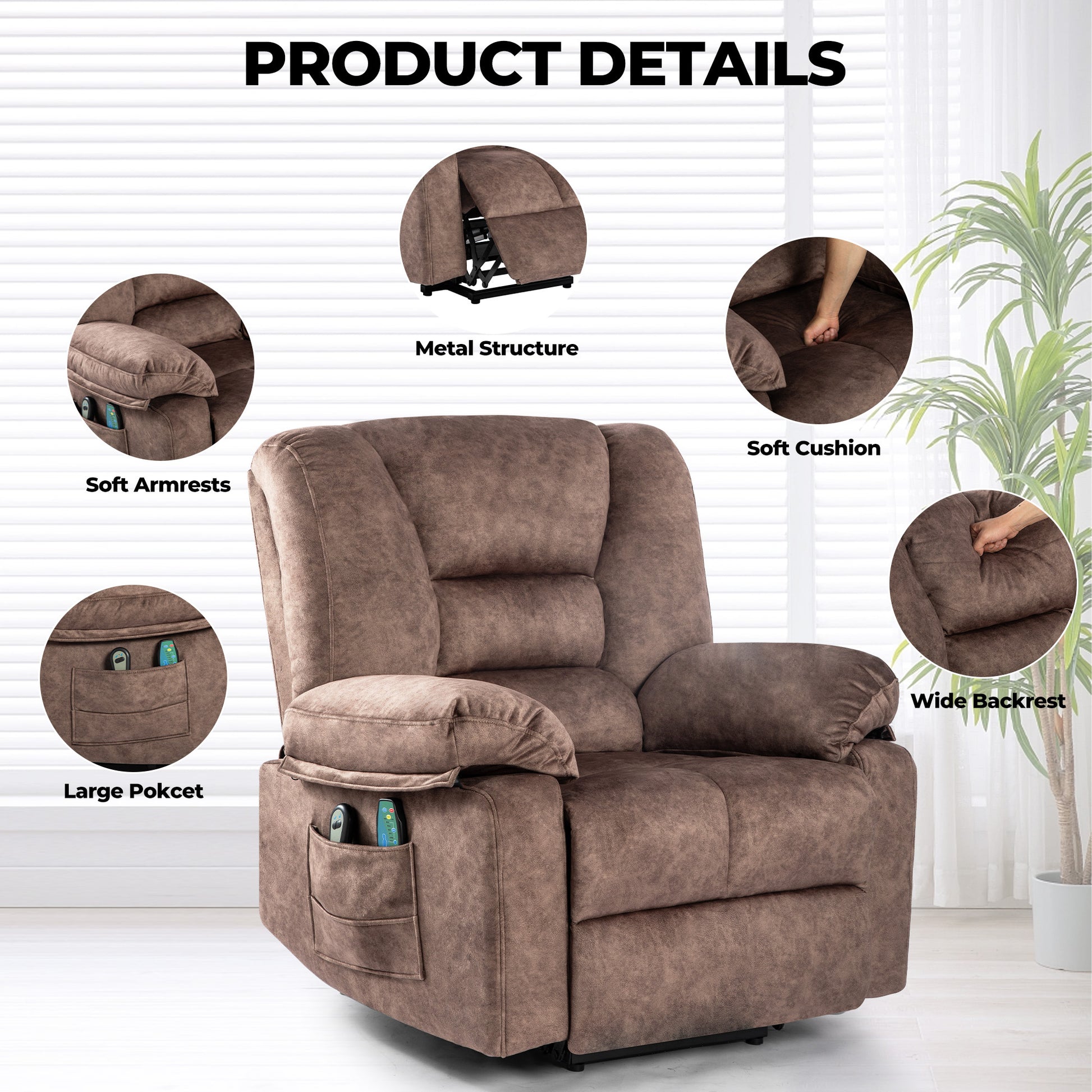 Power Lift Recliner Chair Sofa For Elderly With Massage Brown Velvet Power Remote Metal Primary Living Space Soft Cushion Back Heavy Duty American Design,American Traditional,Classic Pillow Top Arms Foam Velvet