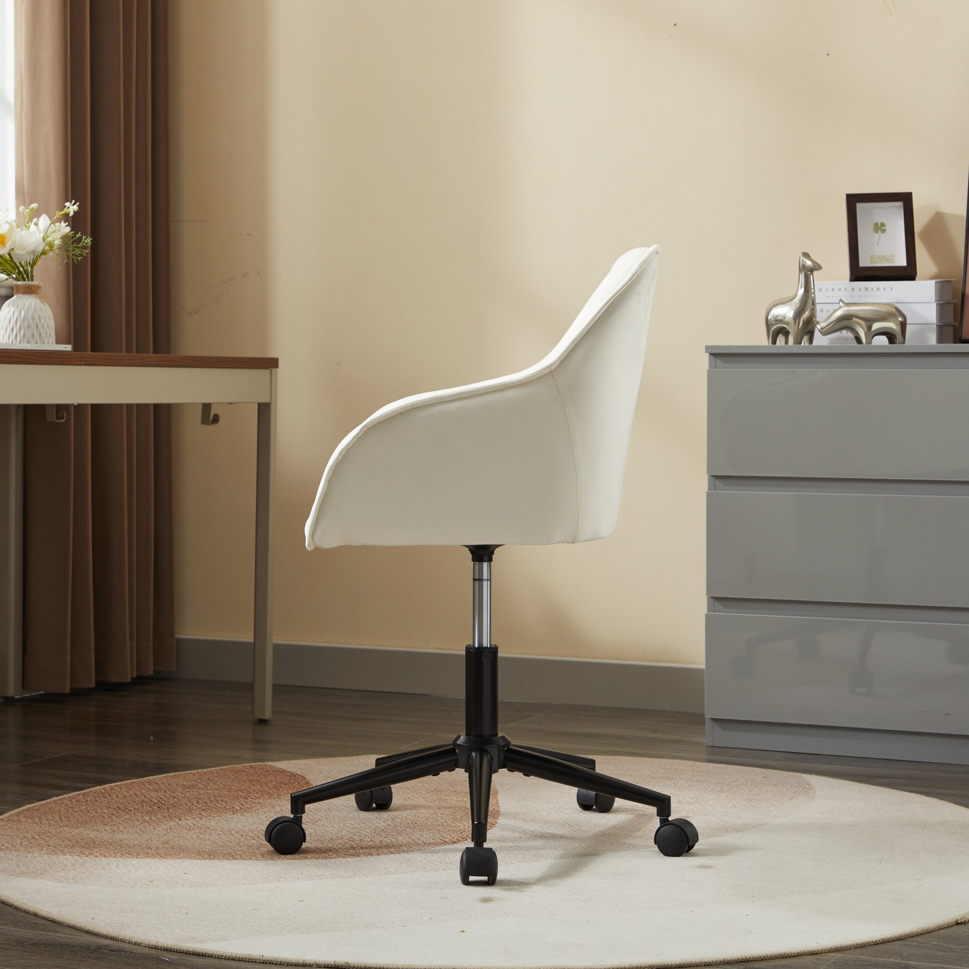 Elegent Velvet Office Chair With Wheels, Makeup Vanity Chair Height Adjustable For Teens Women Girls, Comfy Swivel Modern Leisure Armchair For Home Office, Bedroom, Study And Vanity. Beige Beige Primary Living Space Luxury,Modern Foam Iron