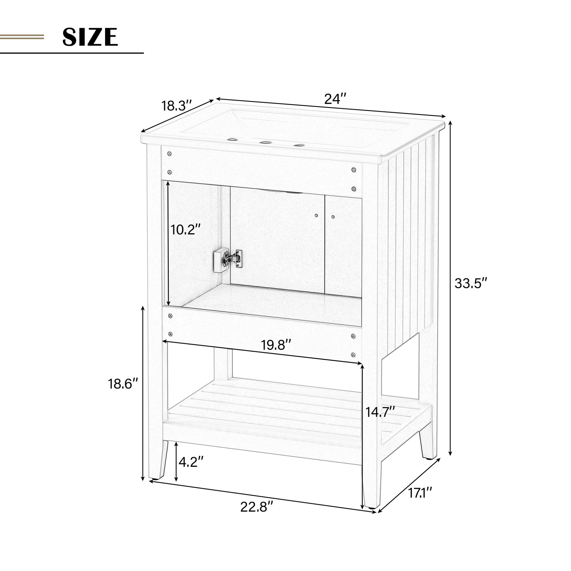 24" White Modern Sleek Bathroom Vanity Elegant Ceramic Sink With Solid Wood Frame Open Style Shelf White Solid Wood