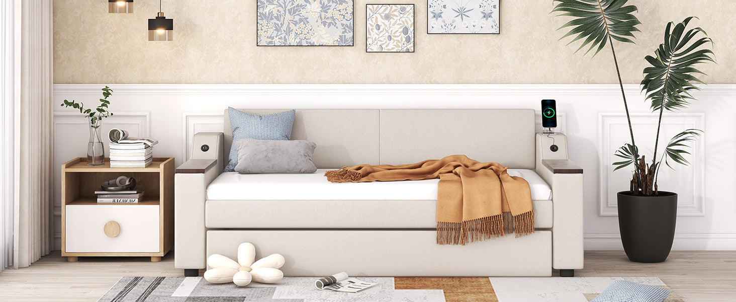 Twin Size Upholstery Daybed With Storage Arms, Trundle And Usb Design, Beige Old Sku:Gx000547Aaa Box Spring Not Required Twin Beige Wood Upholstered
