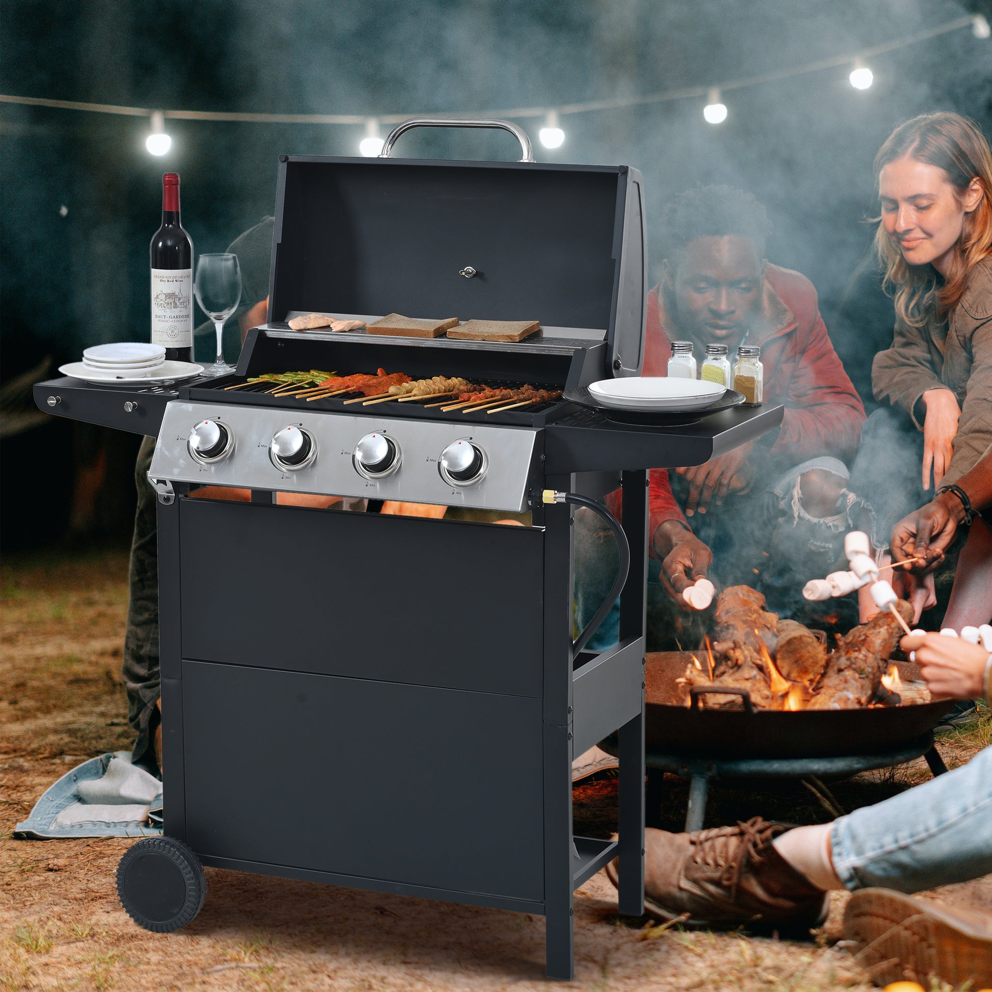 Propane Gas Grill 4 Burner Barbecue Grill, Stainless Steel 34,000 Btu Patio Garden Barbecue Grill With Two Shelves, Lid, Wheels And Bottle Opener Black Iron