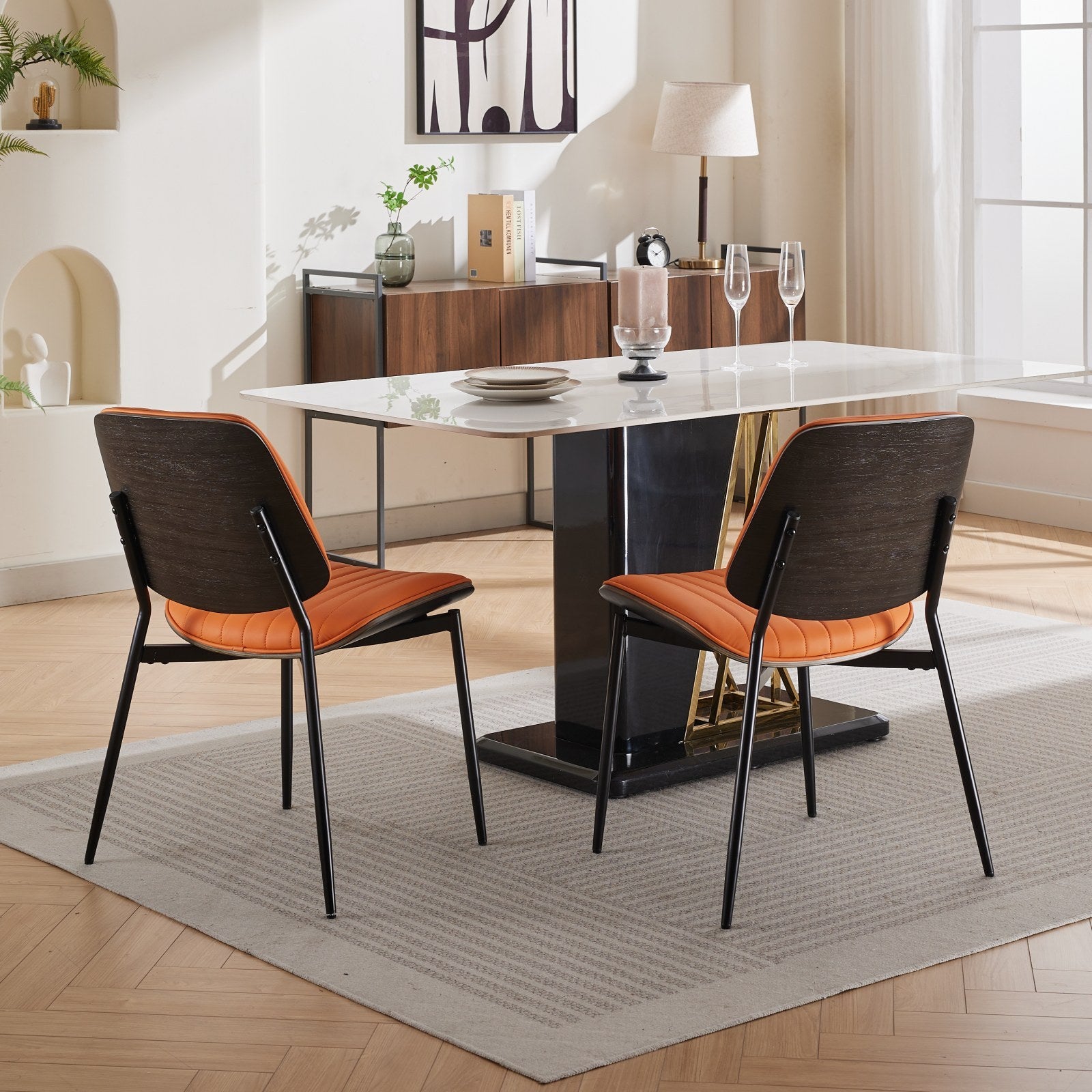 Dining Chairs Set Of 2 Mid Century Modern Retro Faux Leather Chair With Walnut Bentwood Back Upholstered Seat Metal Legs Adjustable Foot For Kitchen Dining Room Chairs Orange Pu Orange Dining Room Classic Set Of 2 Foam Pu Leather