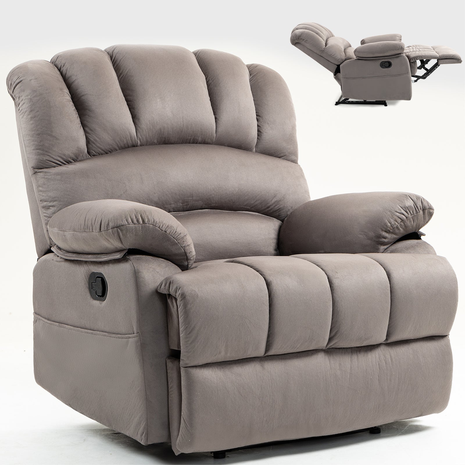 Large Manual Recliner Chair In Fabric For Living Room, Grey Grey Suede Manual Handle Metal Primary Living Space Medium Firm Cushion Back Heavy Duty American Design Pine Pillow Top Arms Fiber Foam And Polyester Fiber Pad Fabric