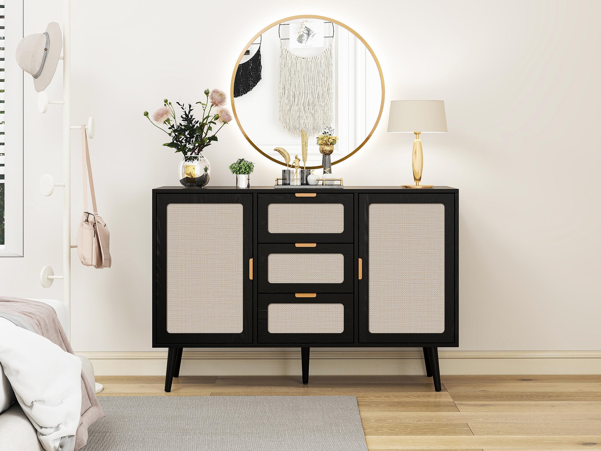 2 Door 3 Drawer Cabinet, Accent Storage Cabinet, Suitable For Living Room, Bedroom, Dining Room, Study Black Mdf