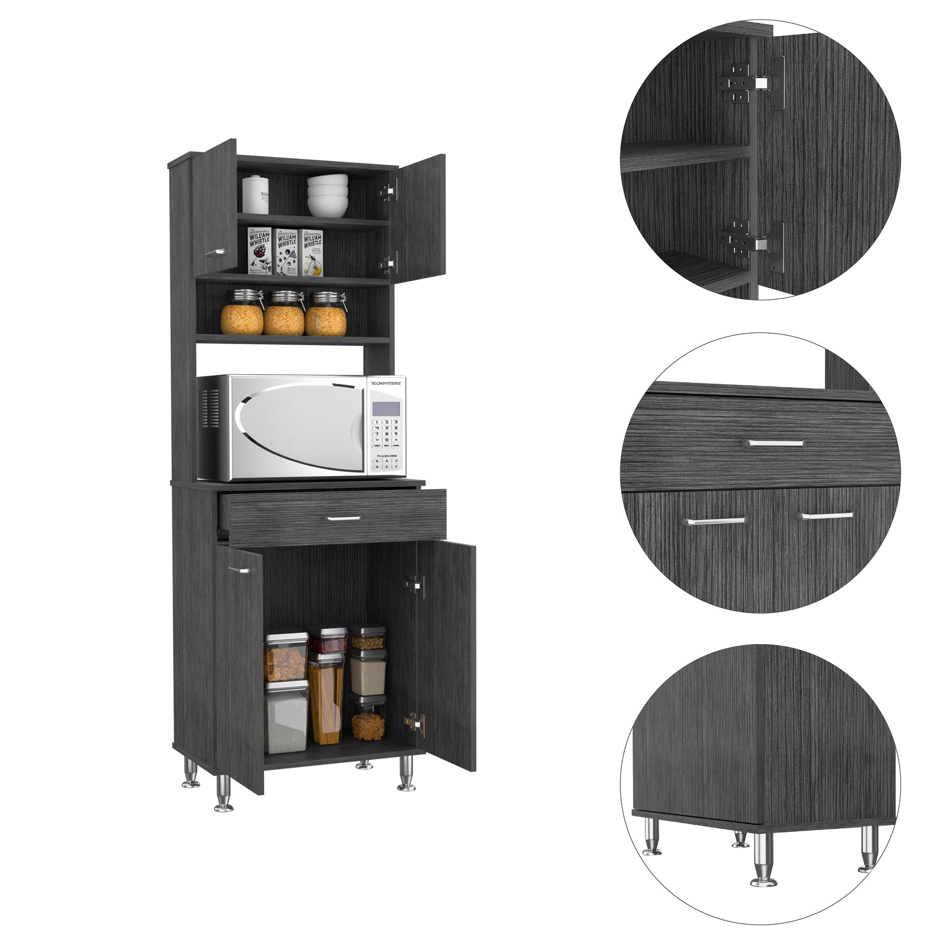 Bay Area Pantry, Two Door Cabinets, One Drawer, Four Adjustable Metal Legs Black Dining Room Modern Mdf Shelves Included Engineered Wood