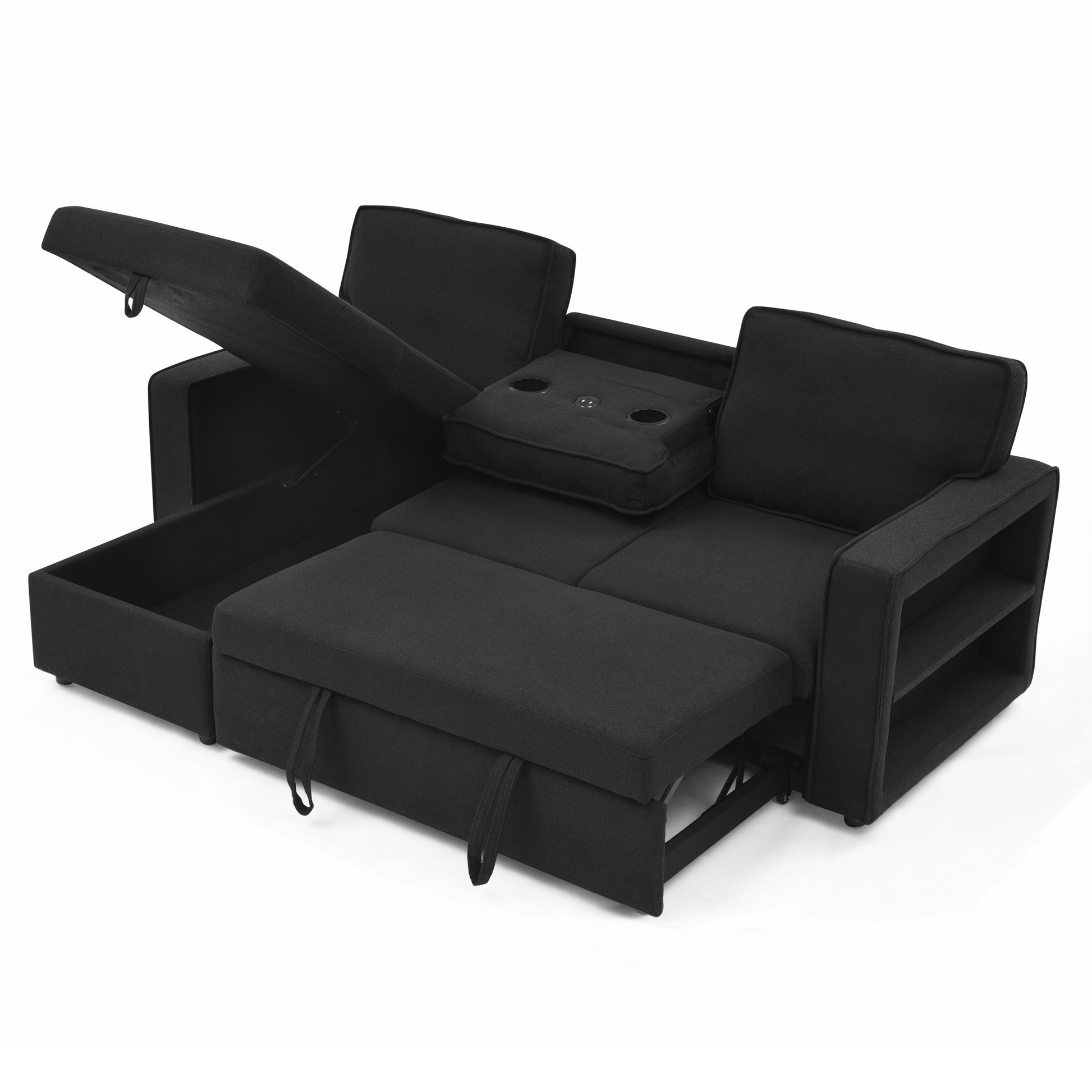 Linen Upholstered Sleeper Sectional Sofa, Shaped Modular Convertible Sofa With Storage Chaise,There Are Two Cup Holders In The Middle And Usb Multi Interface Function,Pull Out Sleep Couch Bed ,Black