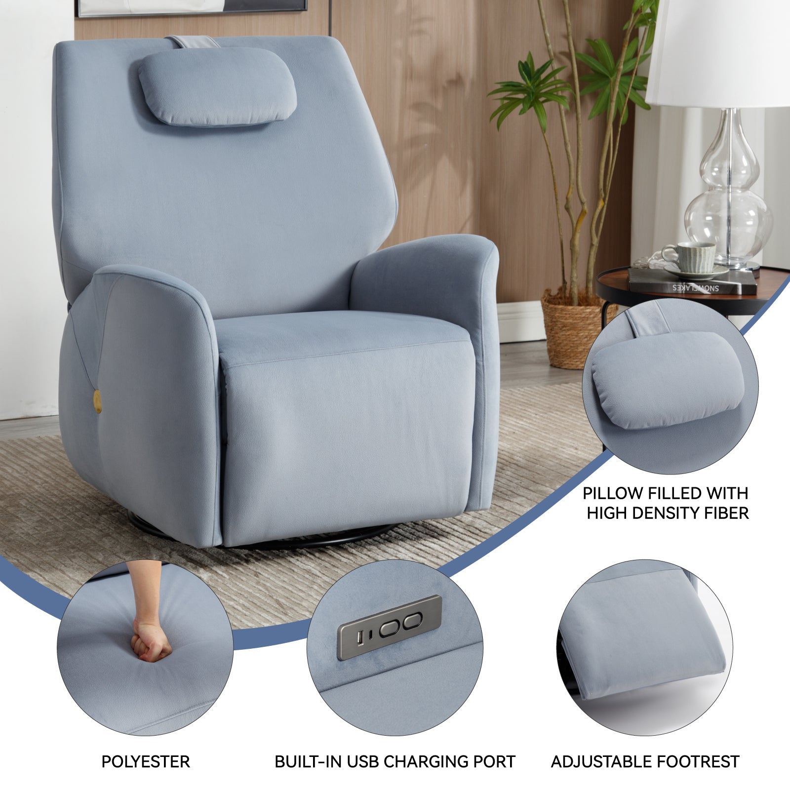 Blue Swivel And Rocker Power Recliner Chair With Lumbar And Neck Support Pillow, Max Swivel Degree 270 , Heavy Duty Motion Mechanism With Usb And Type C Ports Blue Polyester Power Push Button Metal Primary Living Space Medium Firm Tight Back Heavy Duty