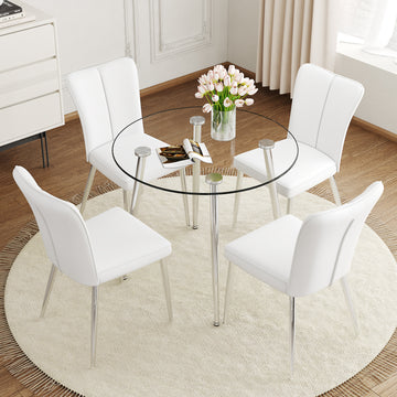 Table And Chair Set.A Modern Minimalist Round Dining Table With Transparent Tempered Glass Top And Silver Metal Legs,Paried With 4 Chairs With Pu Backrest And Seat Cushion And Silver Metal Legs. White Seats 4 Glass Metal