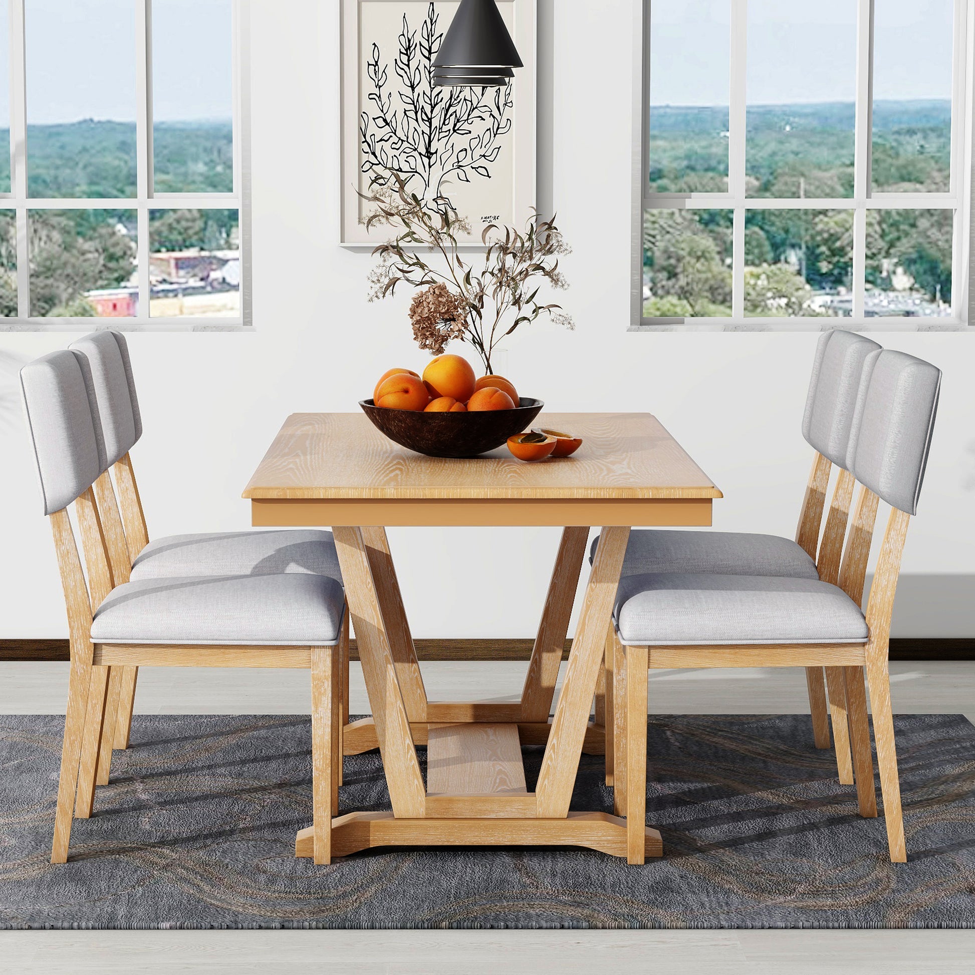 Rustic 5 Piece Dining Table Set With 4 Upholstered Chairs, 59 Inch Rectangular Dining Table With Trestle Table Base, Naural Wood Dining Room Solid Wood Rubberwood Rectangular Dining Table With Chair