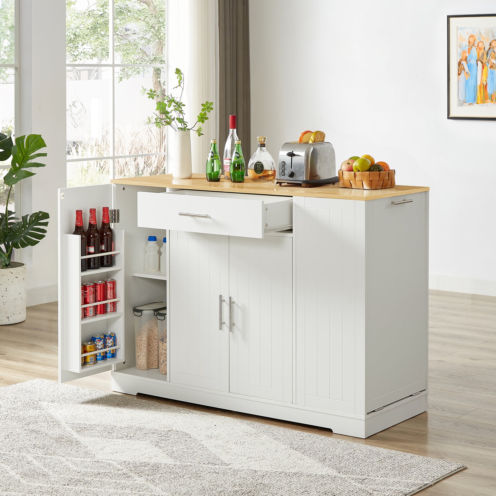 53 Inch Large Kitchen Island With Trash Can Storage Cabinet, Islands Table With Drawer And Adjustable Shelves, Breakfast Bar Cabinet For 13 Gallon Garbage Bin, White & Oak White Particle Board