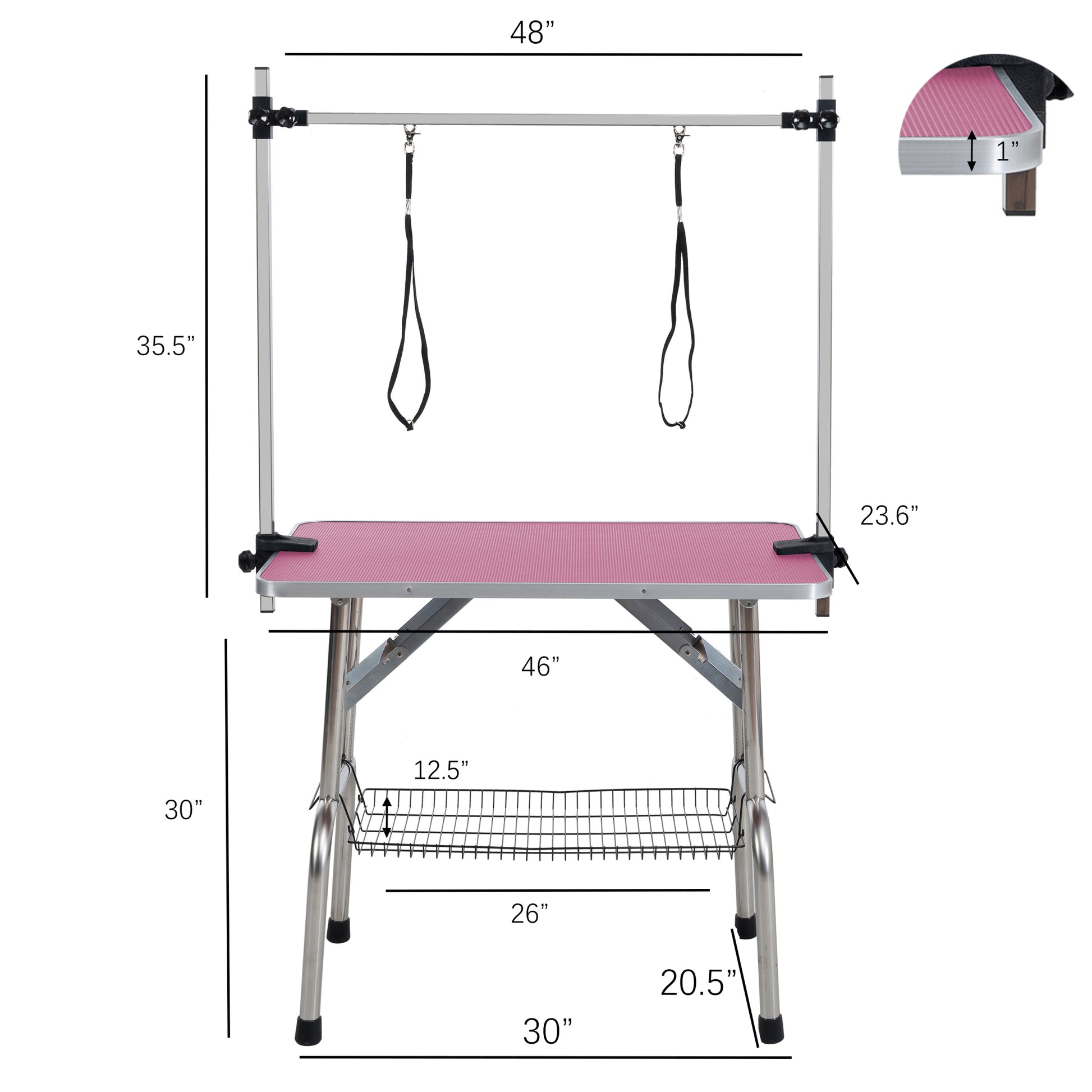 46" Folding Dog Pet Grooming Table Stainless Steel Frame Rubber Mat On Board With Adjustable Arm And Clamps Pet Dog Cat Grooming Table Pink Color Pink Rubber Stainless Steel