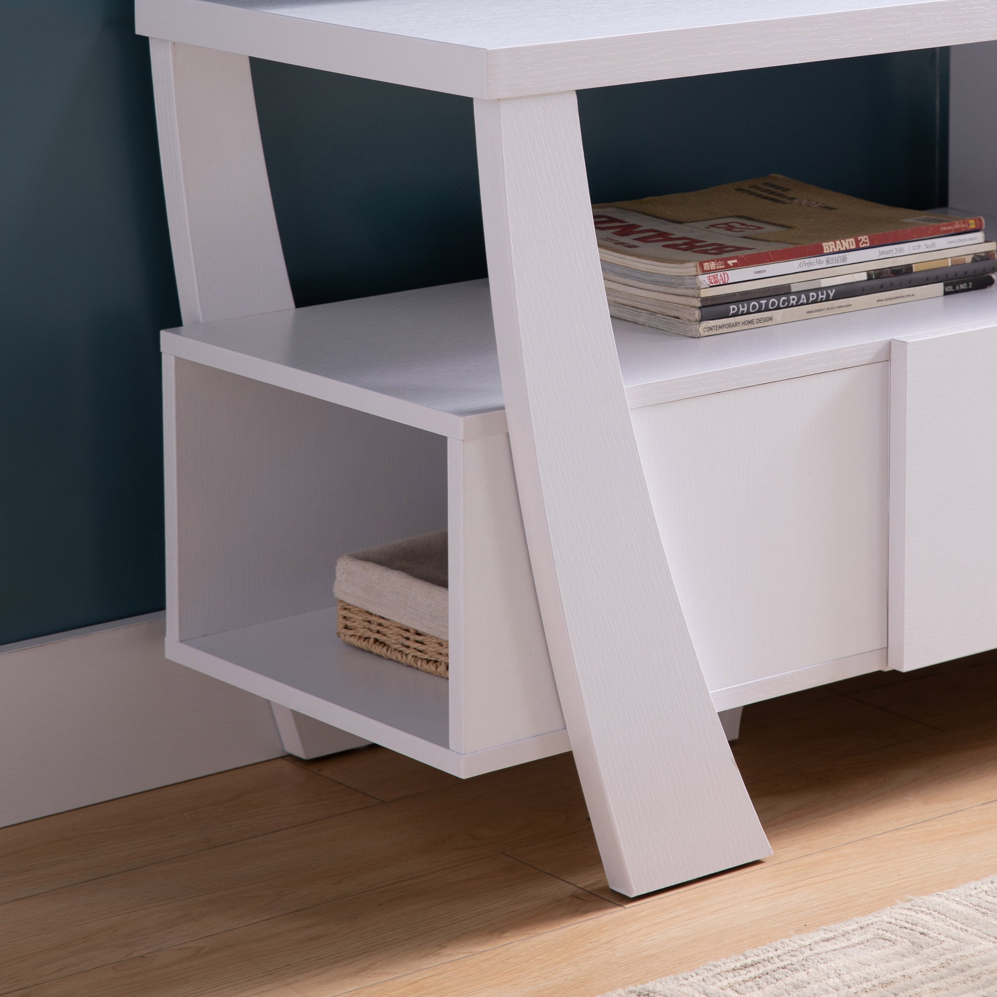 White Tv Stand With Two Shelves, One Drawer, And Side Shelf Modern Entertainment Center For Media Storage White 60 69 Inches Mdf