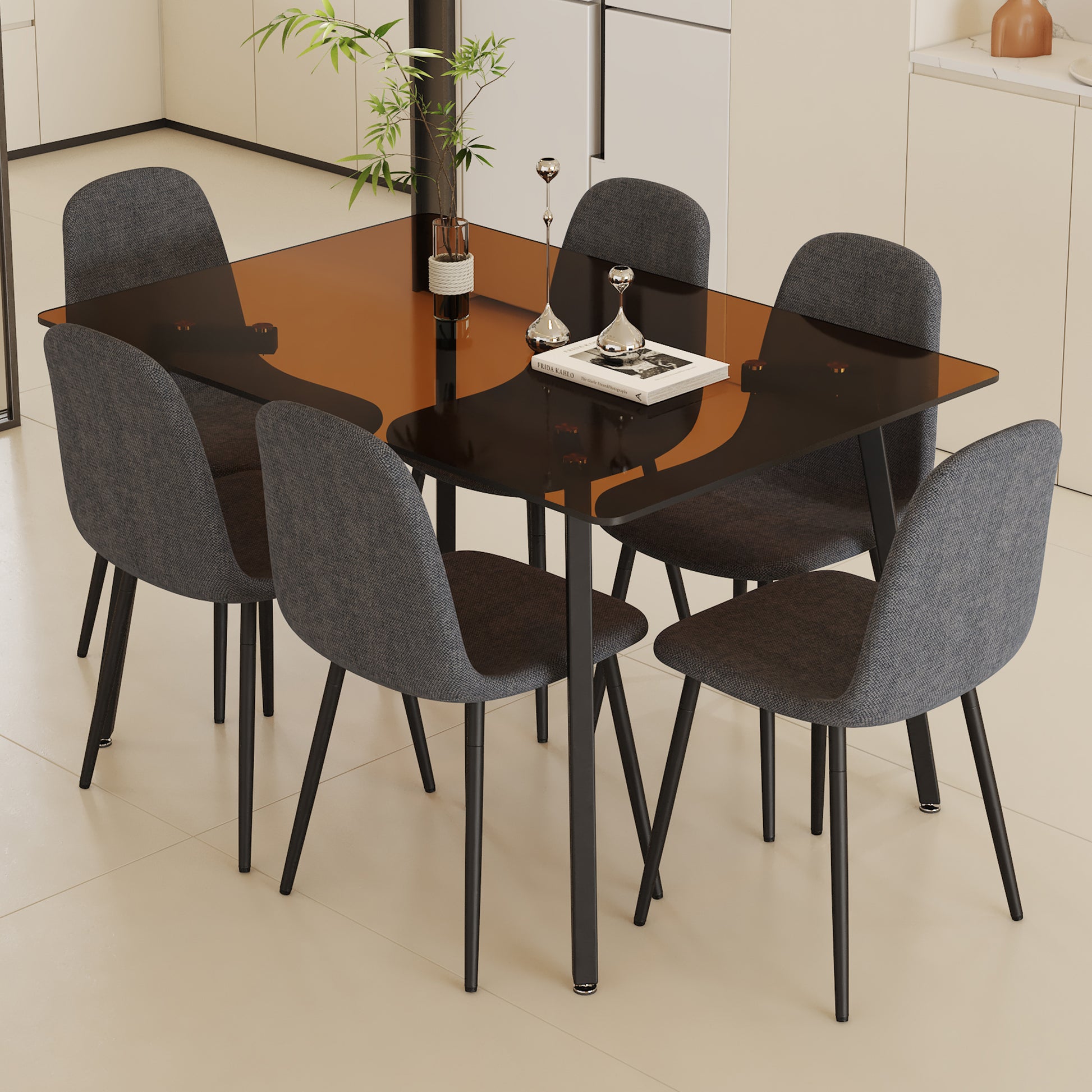 Table And Chair Set.Large Modern Rectangular Table With Brown Glass Top And Silver Metal Legs. Paired With 6 Dark Gray Chairs With Soft Linen Fabric Cushions And Black Metal Legs. Dark Gray,Silver Seats 6 Glass Metal